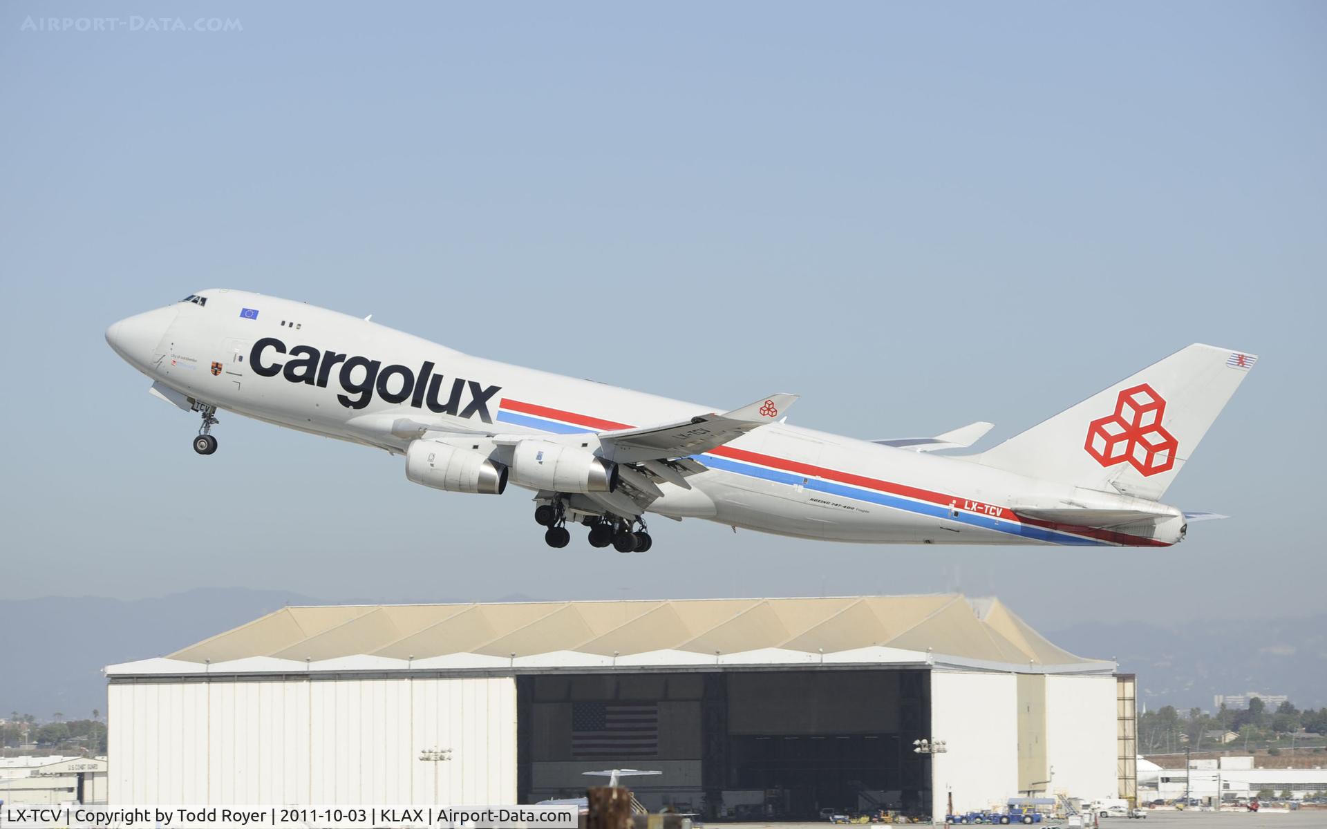 LX-TCV, 2002 Boeing 747-4R7F/SCD C/N 30401, Departing LAX
