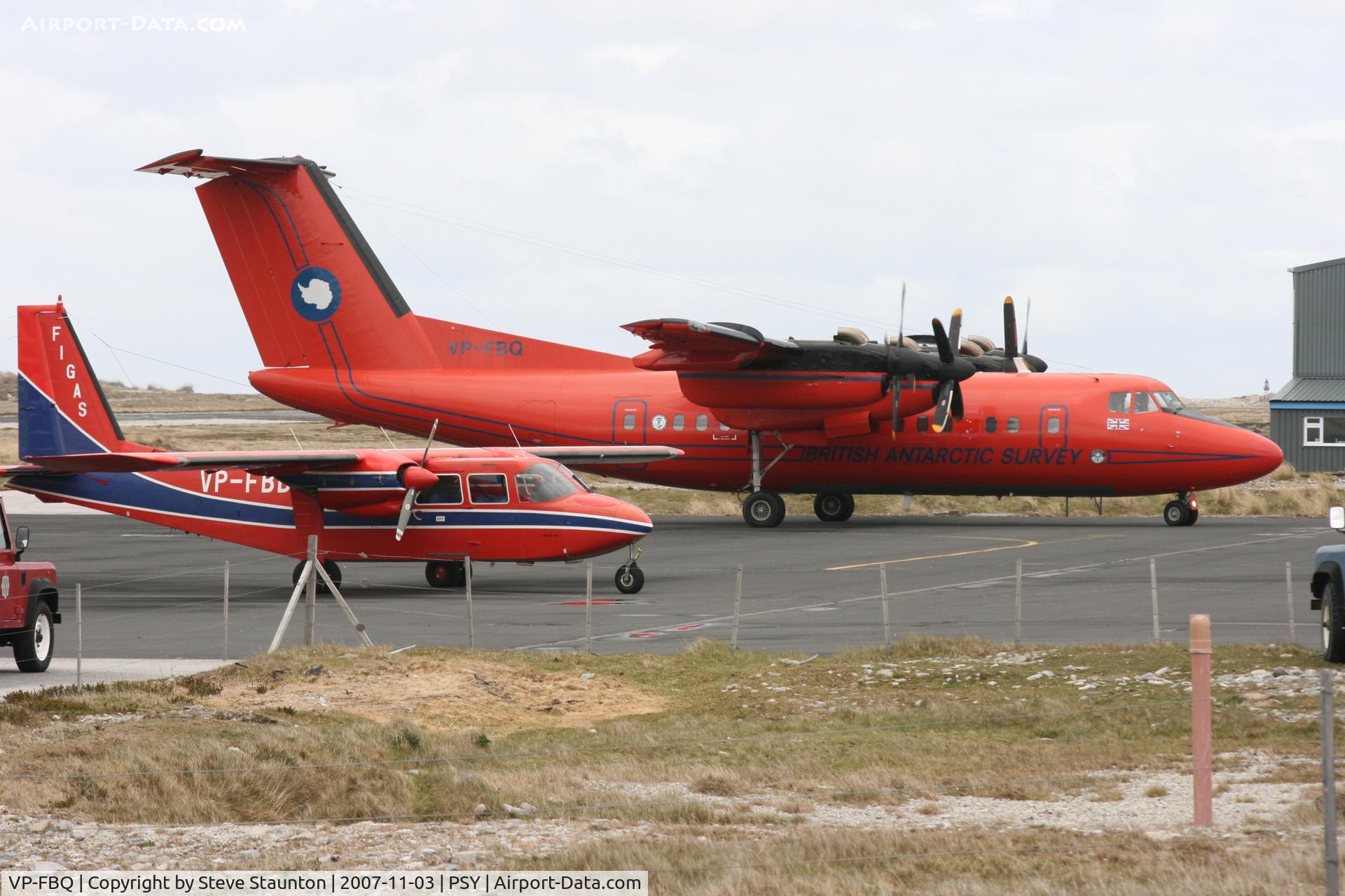 VP-FBQ, 1985 De Havilland Canada DHC-7-110 Dash 7 C/N 111, A busy pan at Stanley Airport, Falkland Islands