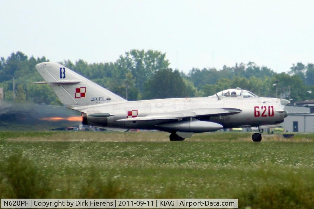 N620PF, 1960 PZL-Mielec Lim-5 (MiG-17F) C/N 1D0620, Departing the airshow with both wing tanks attached, and taking off with after burners on.