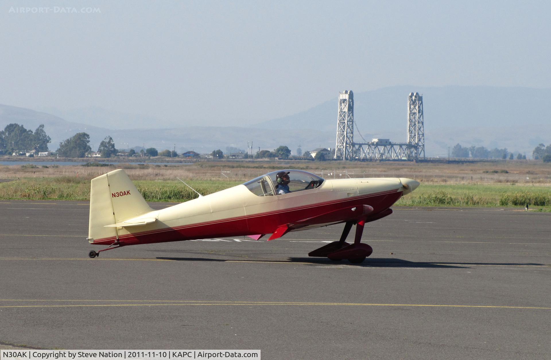 N30AK, 1996 Vans RV-6 C/N 21153, 1996 R + S Swanson RV-6 arriving at Napa County Airport, CA after short flight from Buchanan Field (Concord), CA. Note old Napa River RR Bridge in background.