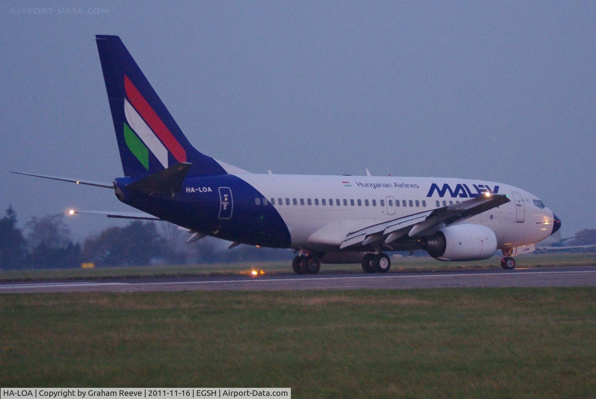 HA-LOA, 2003 Boeing 737-7Q8 C/N 28254, Just landed late in the afternoon.