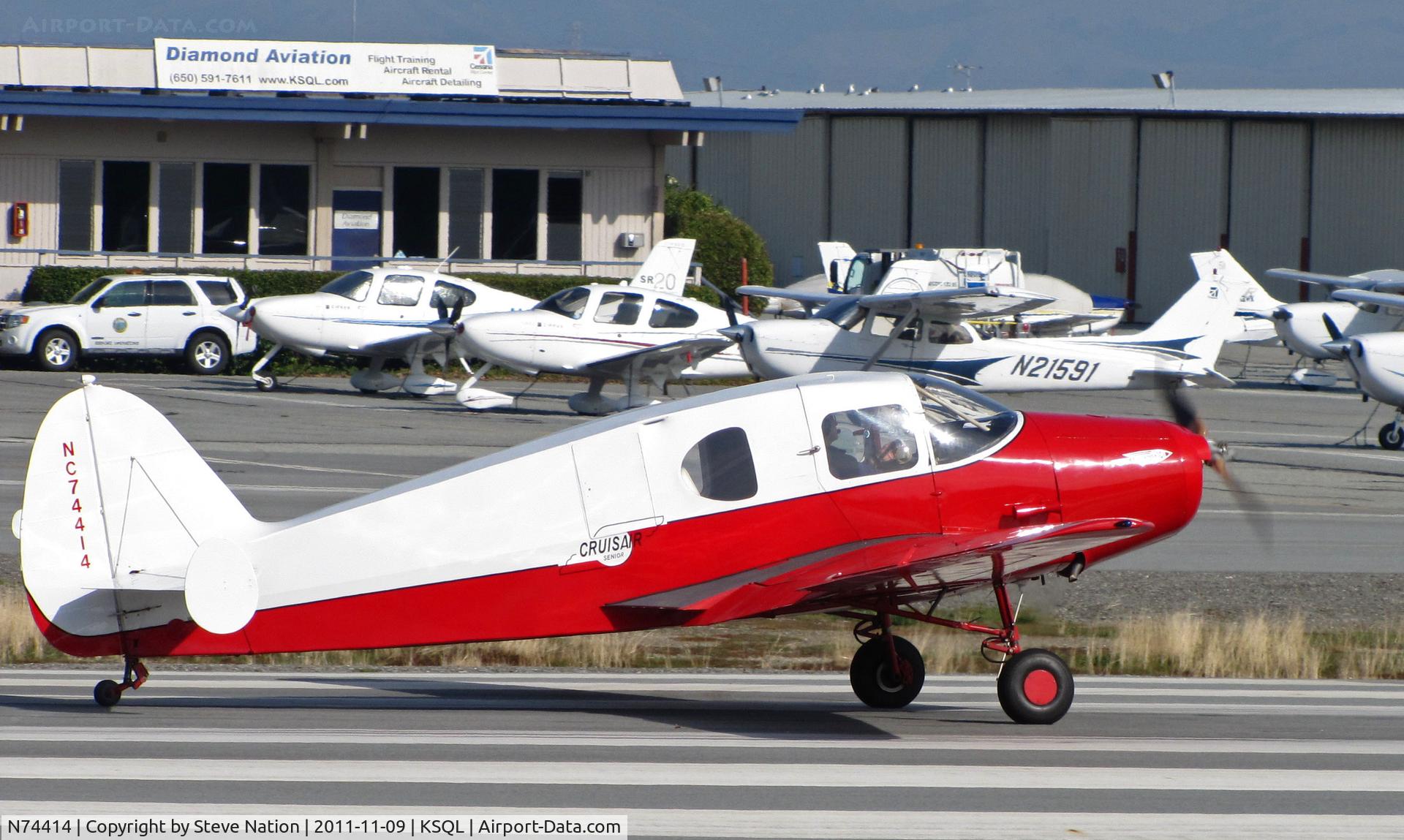 N74414, 1947 Bellanca 14-13-2 Cruisair Senior C/N 1527, Locally-based 1947 Bellanca 14-13-2 as NC74414 rolling on take-off run at San Carlos, CA (with 