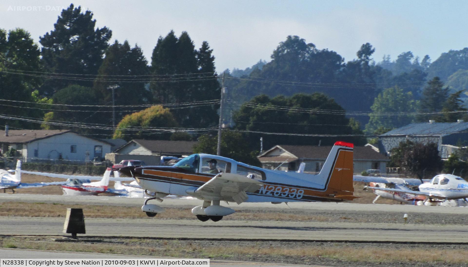 N28338, 1977 Grumman American AA-5B Tiger C/N AA5B0569, 1977 Grumman American AA-5 touching down @ Watsonville, CA Fly-In