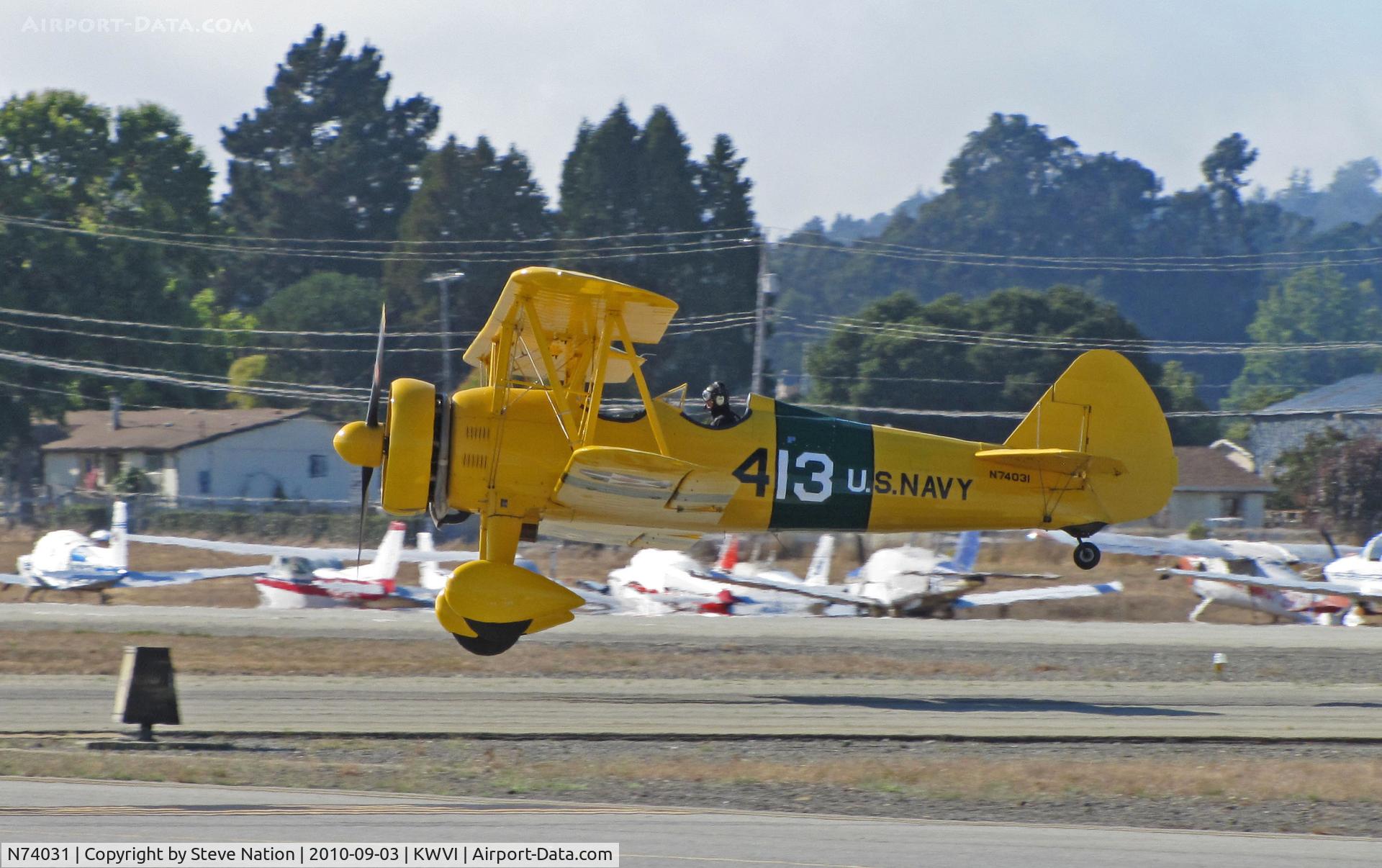 N74031, Boeing A75N1(PT17) C/N 75-3136, Boeing PT-17BW (USAAC 41-25629) painted as US Navy N2S/413 yellow cs and green landing @ Watsonville Fly-In