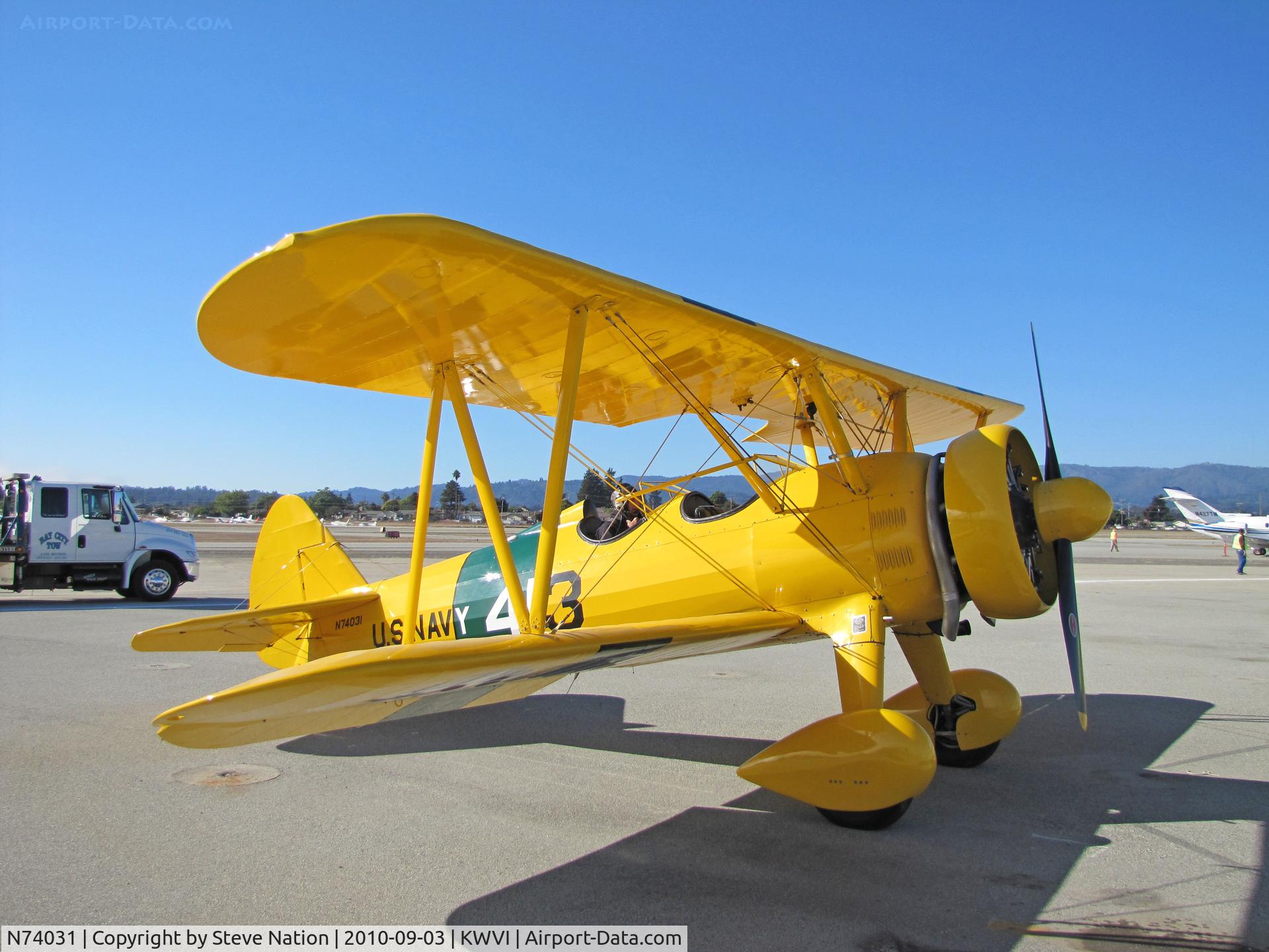 N74031, Boeing A75N1(PT17) C/N 75-3136, Boeing PT-17BW (USAAC 41-25629) painted as US Navy N2S 413 yellow cs and green shutting down engine @ Watsonville Fly-In