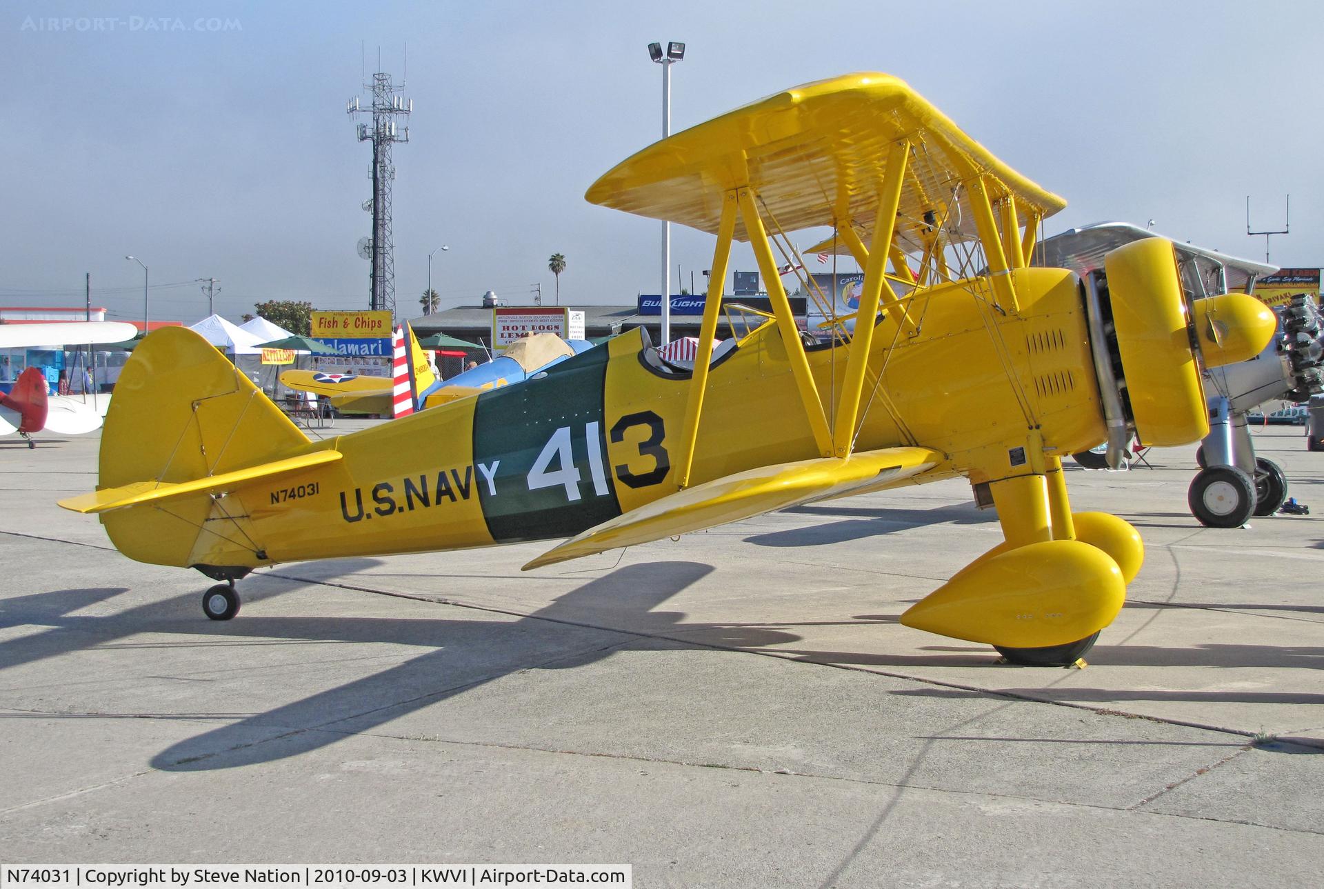 N74031, Boeing A75N1(PT17) C/N 75-3136, Boeing PT-17BW (USAAC 41-25629) painted as US Navy N2S 413 yellow cs and green @ Watsonville Fly-In