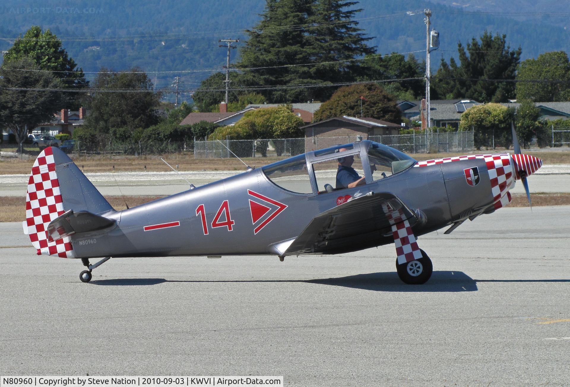 N80960, 1946 Globe GC-1B Swift C/N 1153, 1946 Globe GC-1B as Luftwaffe #14 with red & white checkerboard nose and rudder taxiing @ Watsonville Fly-In