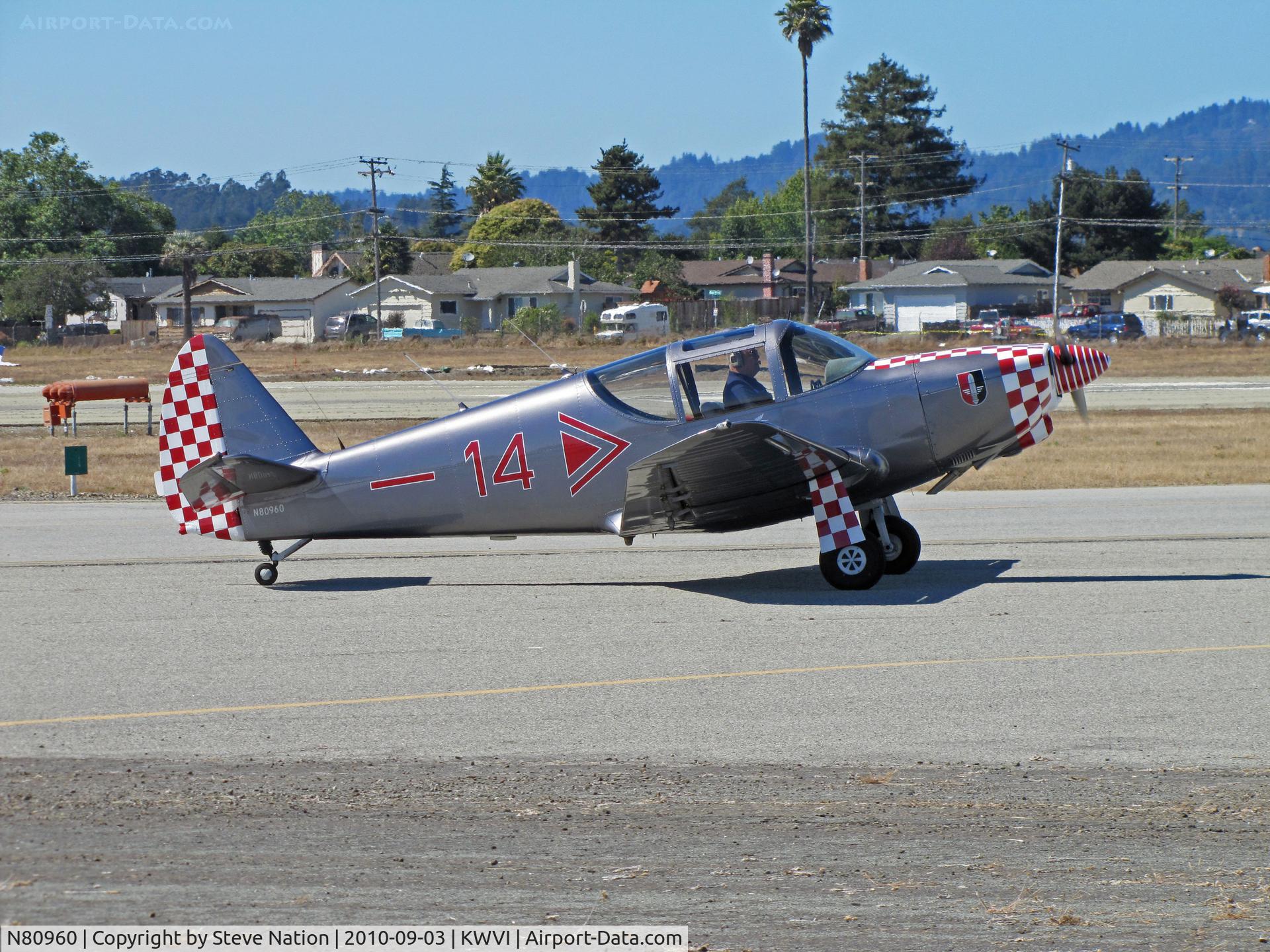 N80960, 1946 Globe GC-1B Swift C/N 1153, 1946 Globe GC-1B as Luftwaffe #14 with red & white checkerboard nose and rudder taxiing @ Watsonville Fly-In