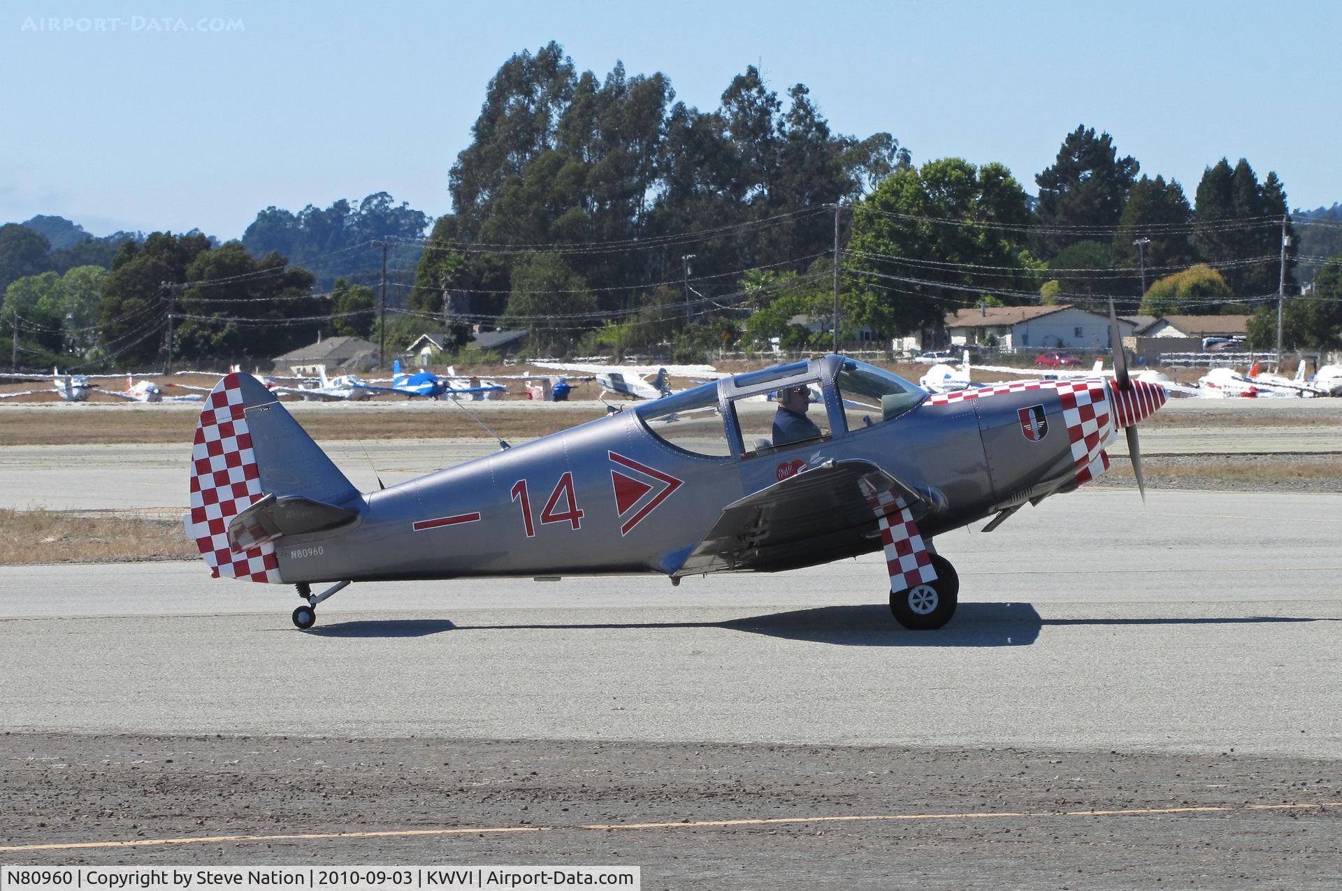 N80960, 1946 Globe GC-1B Swift C/N 1153, 1946 Globe GC-1B as Luftwaffe #14 with red & white checkerboard nose and rudder taxiing @ Watsonville Fly-In