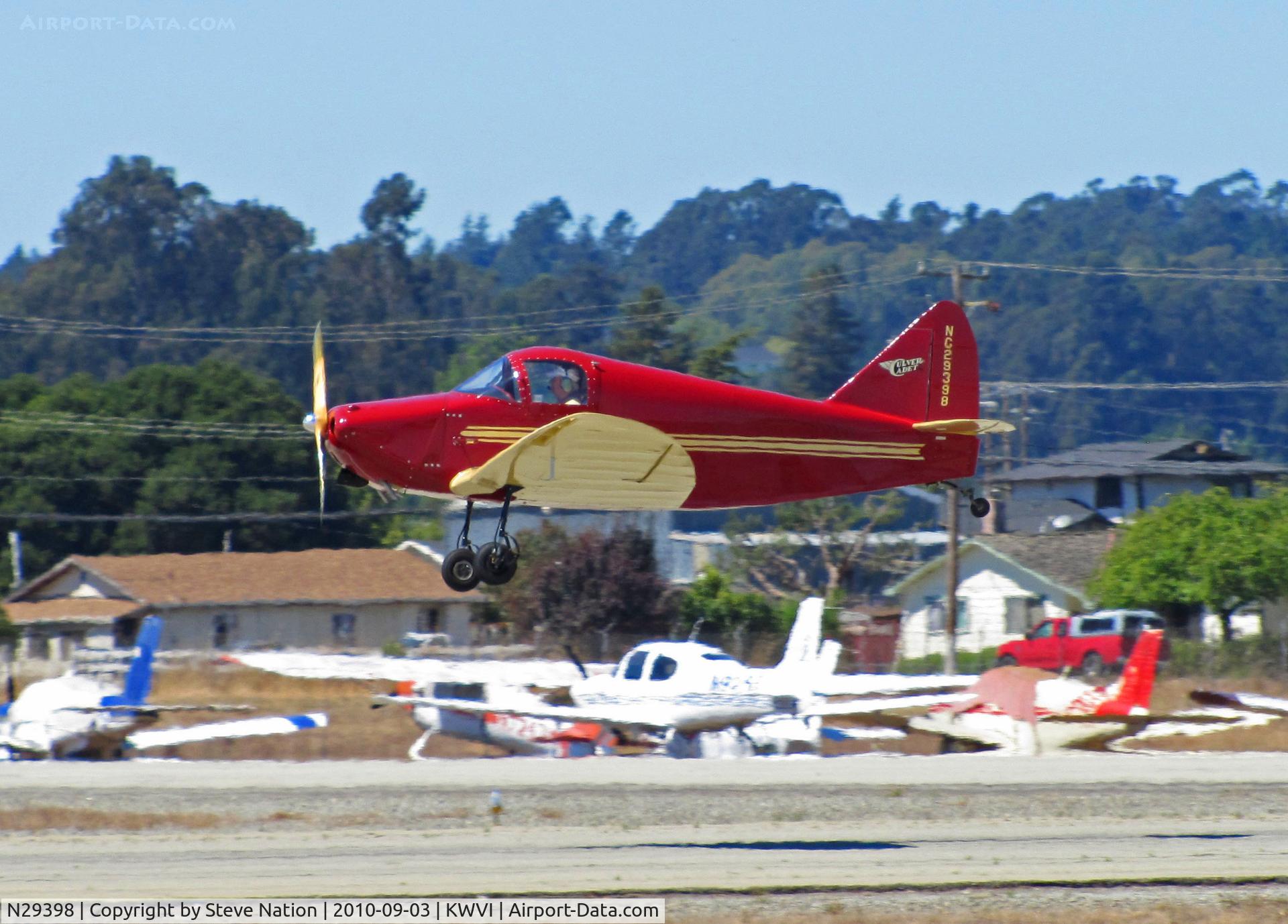 N29398, 1940 Culver LCA C/N 191, Bright red  and yellow 1940 Culver LCA painted as NC29398 and landing @ Watsonville Fly-In