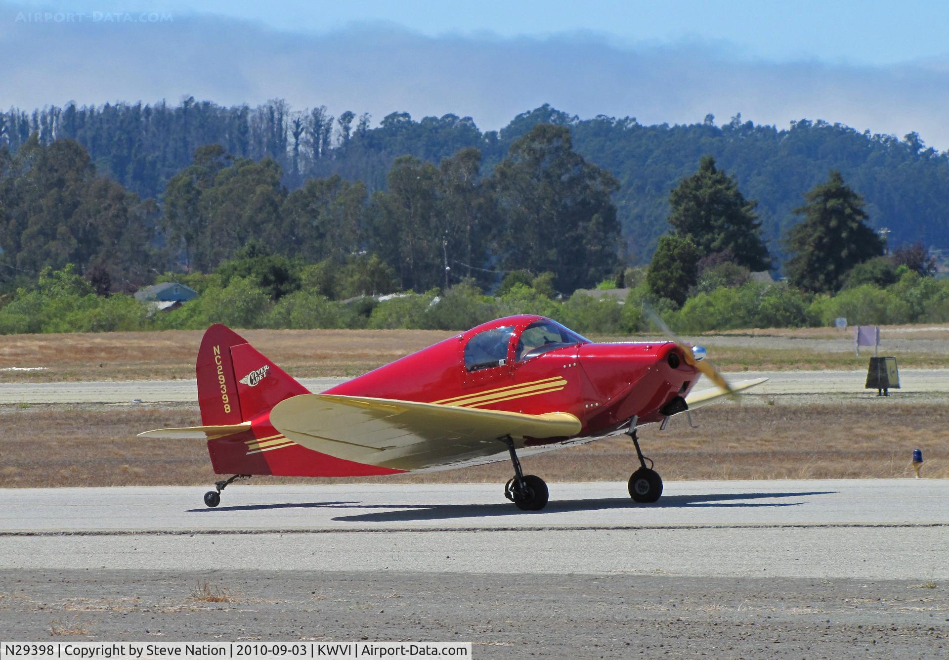 N29398, 1940 Culver LCA C/N 191, Bright red  and yellow 1940 Culver LCA painted as NC29398 and taxiing @ Watsonville Fly-In