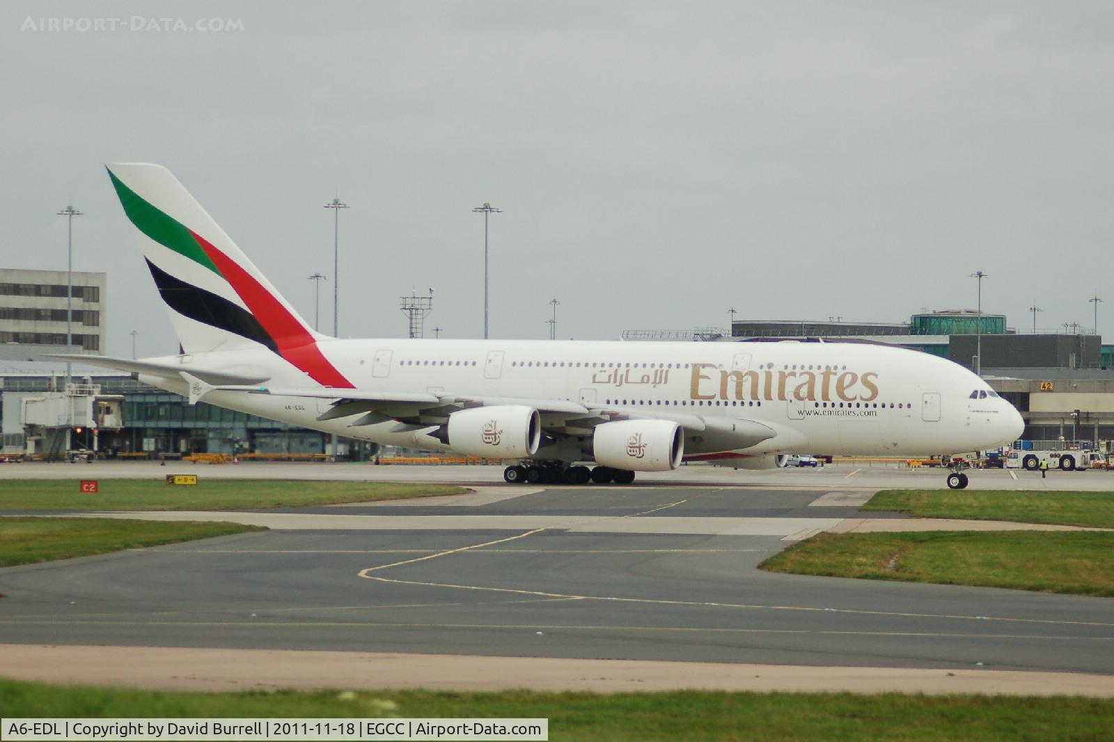 A6-EDL, 2010 Airbus A380-861 C/N 046, Emirates Airbus A380 taxiing Manchester Airport.