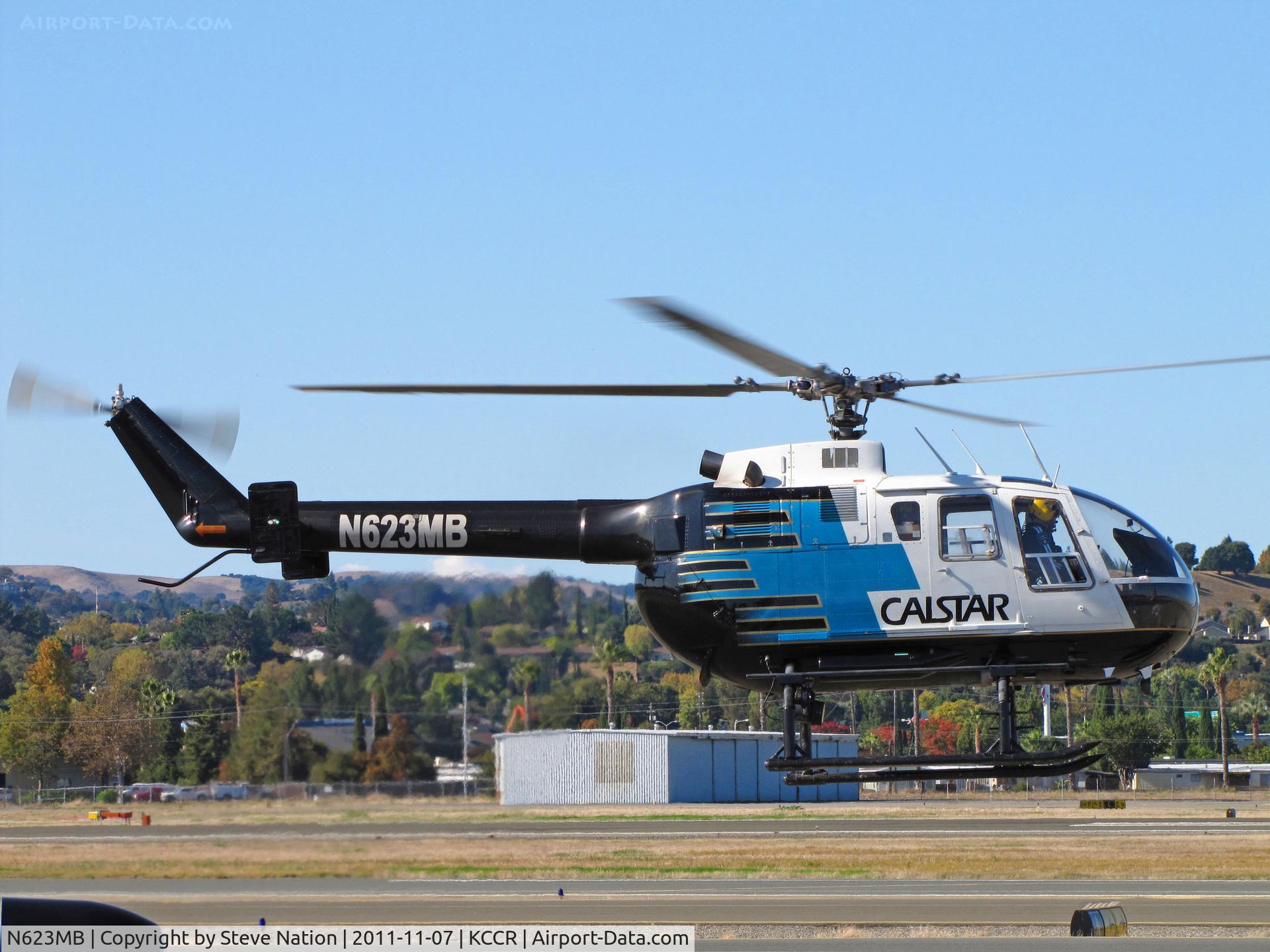 N623MB, 1986 MBB Bo-105CBS-5 C/N S-750, CALSTAR 1986 MBB BO-105S transitioning from hover at Buchanan Field