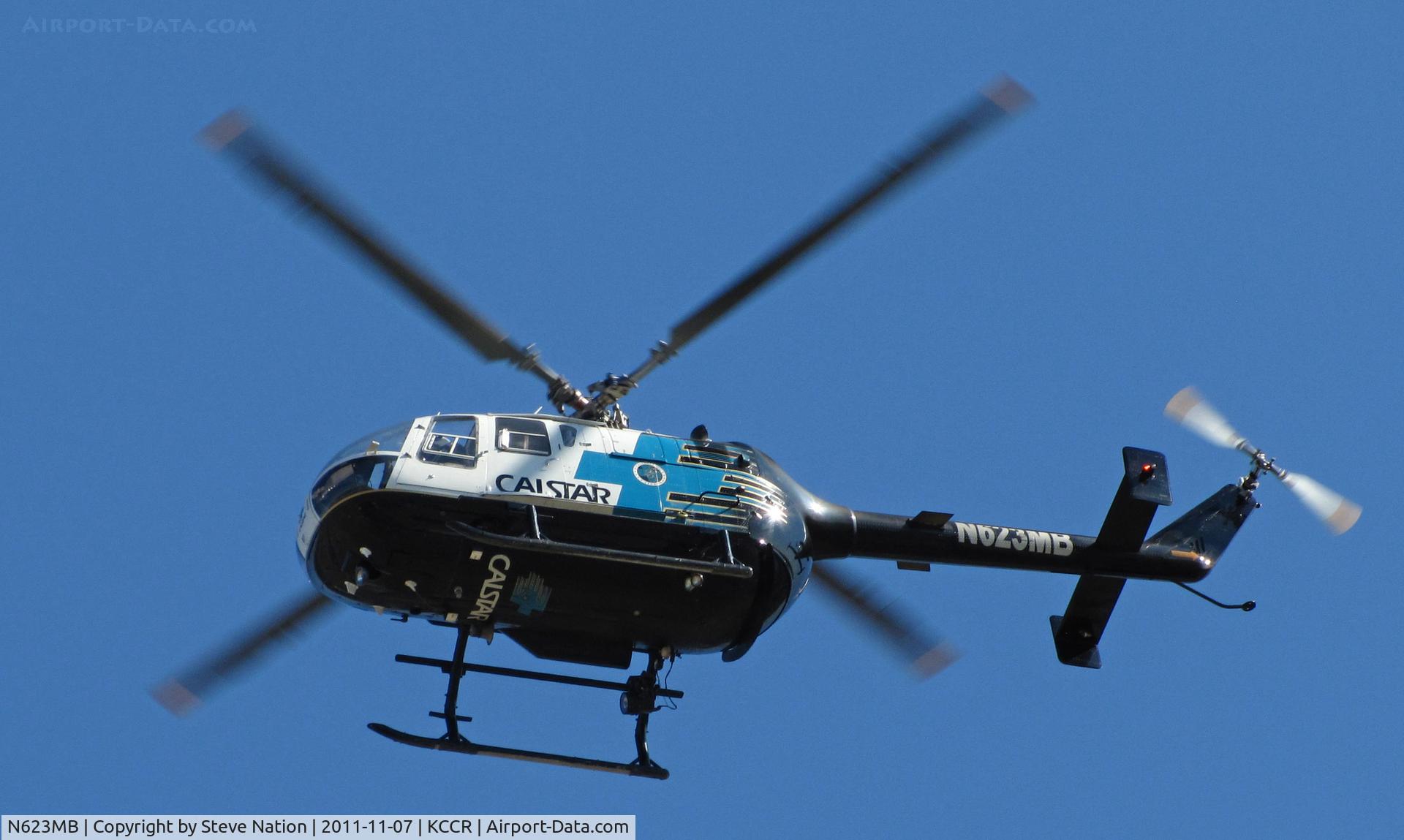 N623MB, 1986 MBB Bo-105CBS-5 C/N S-750, CALSTAR 1986 MBB BO-105S returning to ramp near tower at Buchanan Field