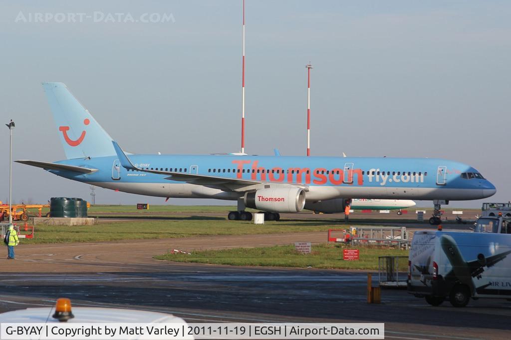 G-BYAY, 1999 Boeing 757-204 C/N 28836, Being towed to Air Livery Hangar 1 for spray.
