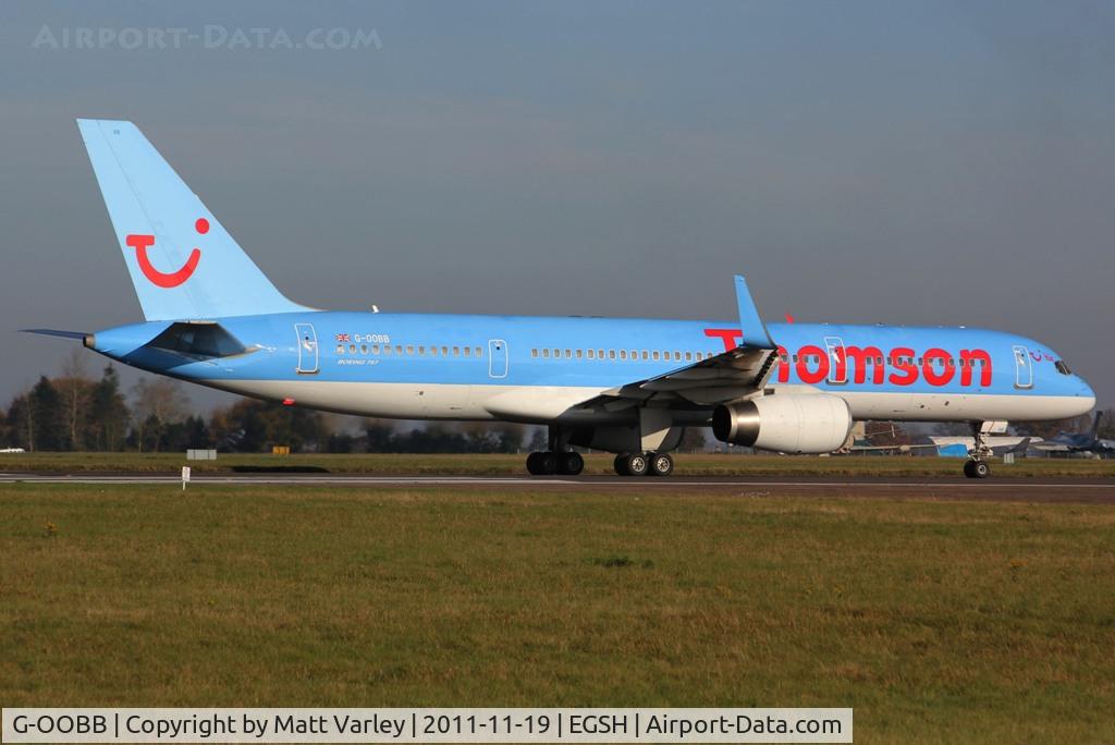 G-OOBB, 2000 Boeing 757-26N C/N 32447, Departing EGSH, Fresh out of spray in Thomson C/S (Ex FirstChoice).