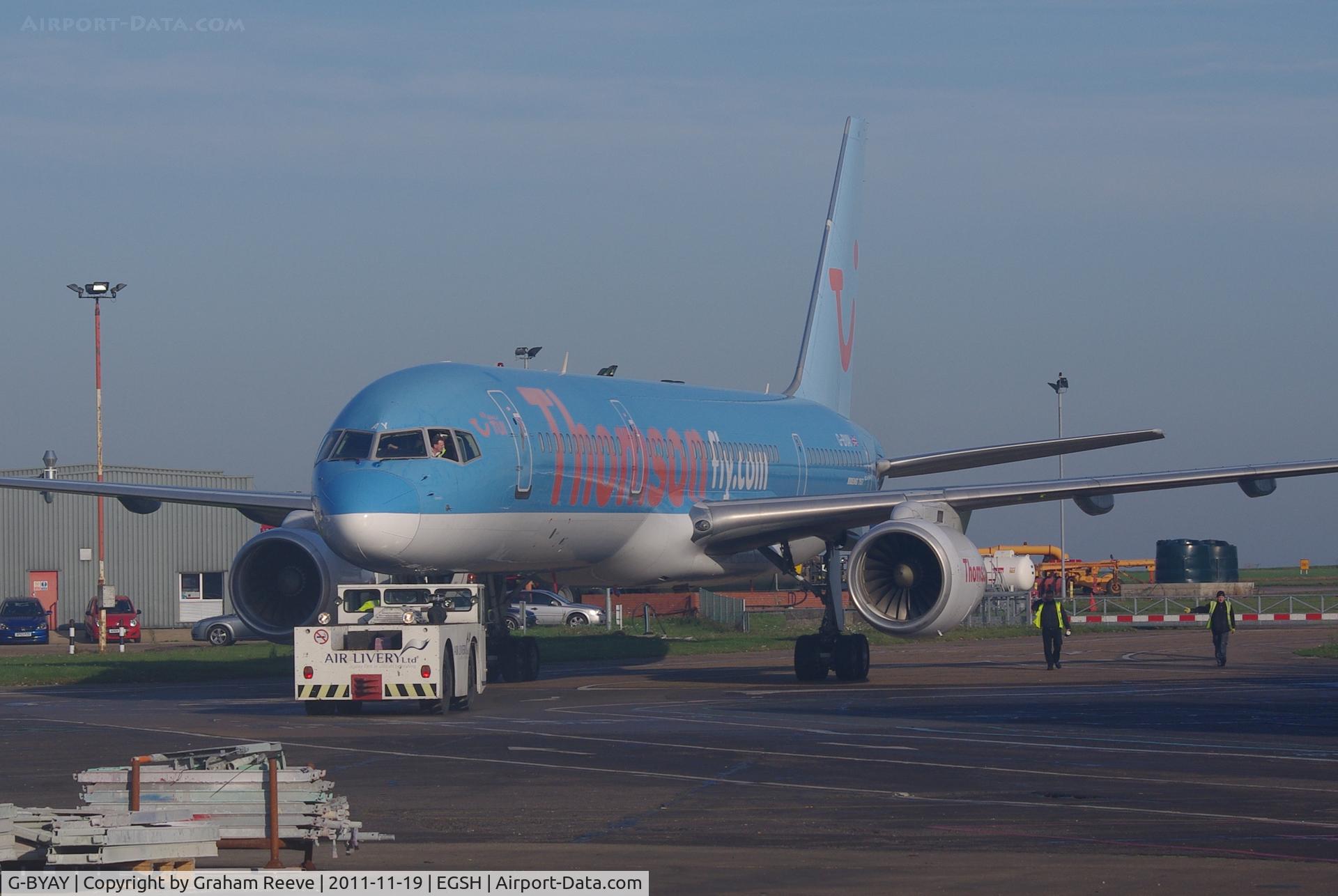 G-BYAY, 1999 Boeing 757-204 C/N 28836, Arrived for spray shop.