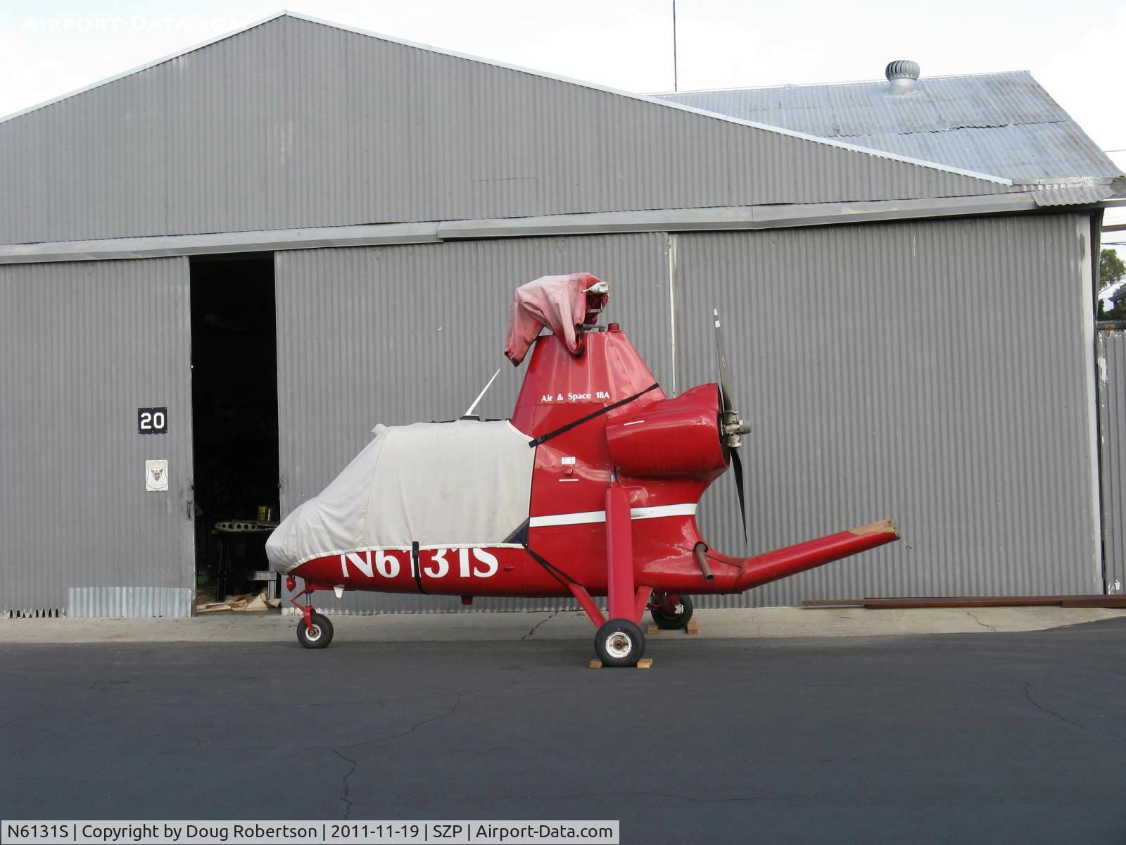 N6131S, 1965 Air & Space America Inc 18A C/N 18-38, 1965 Air & Space Mfg. Inc. 18A jump start autogyro, Lycoming O&VO-360 180 Hp pusher. rotor blades off, two seats in tandem. The owner A&P pilot has three of these now!