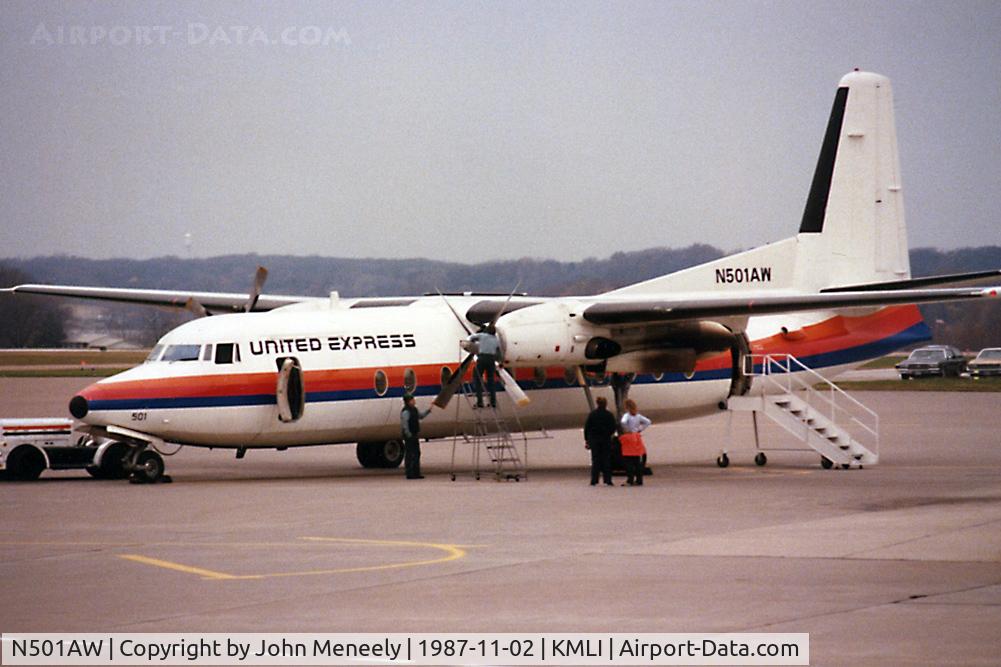 N501AW, 1985 Fokker F-27-500 Friendship C/N 10657, United Express between flights at MLI