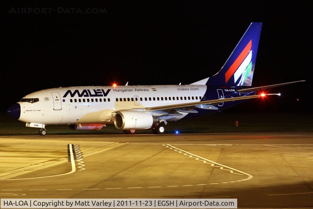 HA-LOA, 2003 Boeing 737-7Q8 C/N 28254, Pushed back from stand 6 in revised Malev C/S.