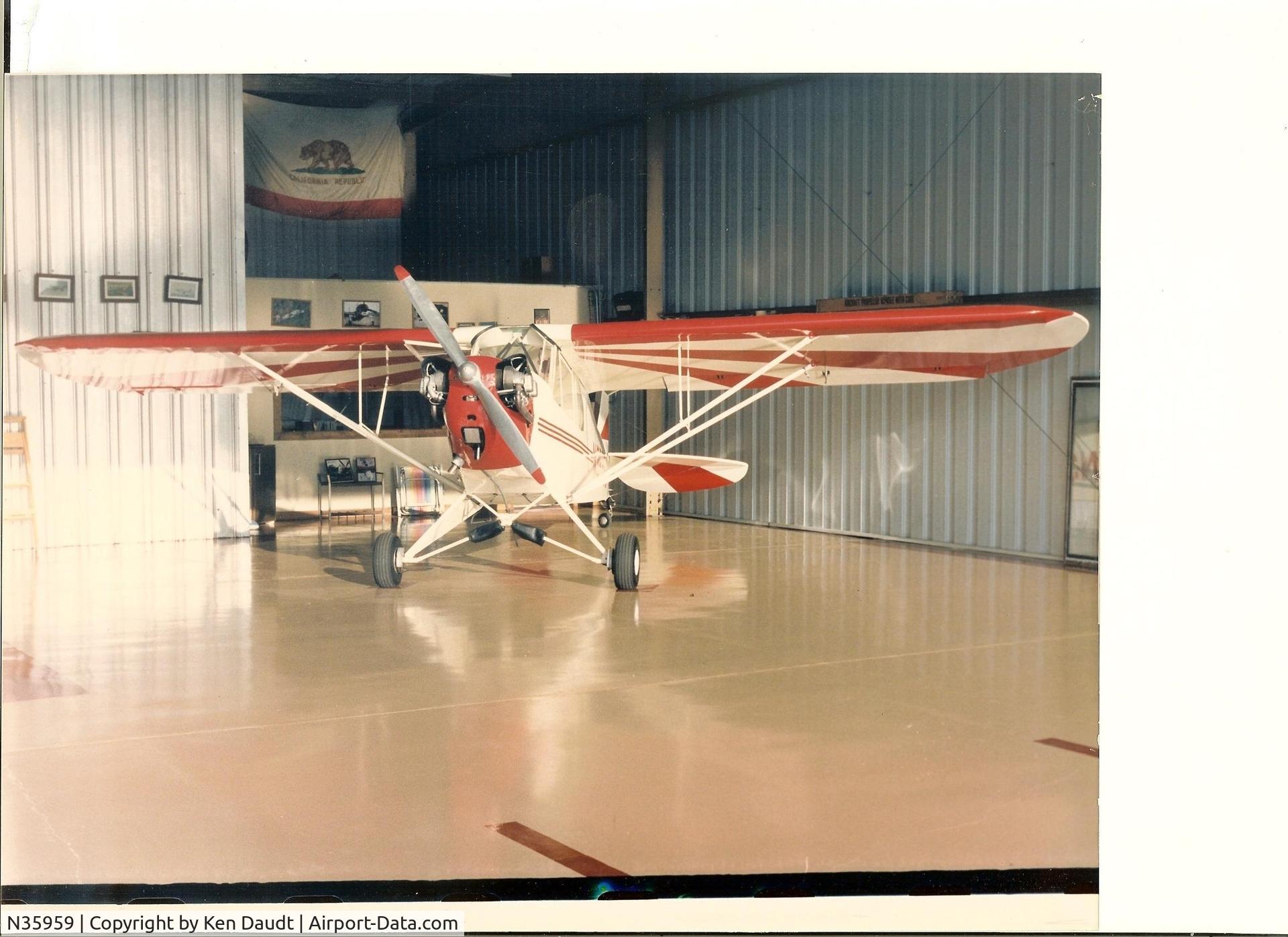 N35959, 1941 Piper J3C-65 Cub C/N 6666, This picture was taken at Brackett Field in LaVerne Ca. 1989. Plane belonged to me: Ken Daudt:
I loved flying this plane and I am still mad at myself for selling it.