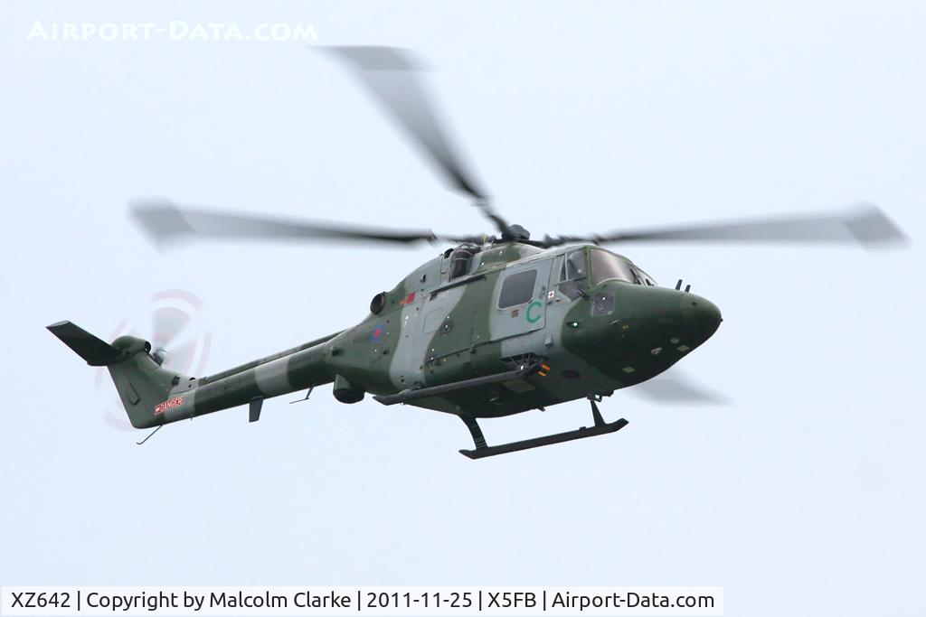 XZ642, 1980 Westland Lynx AH.7 C/N 173, On a mission from North Yorkshire. Westland Lynx XZ643 at Fishburn Airfield November 2011.