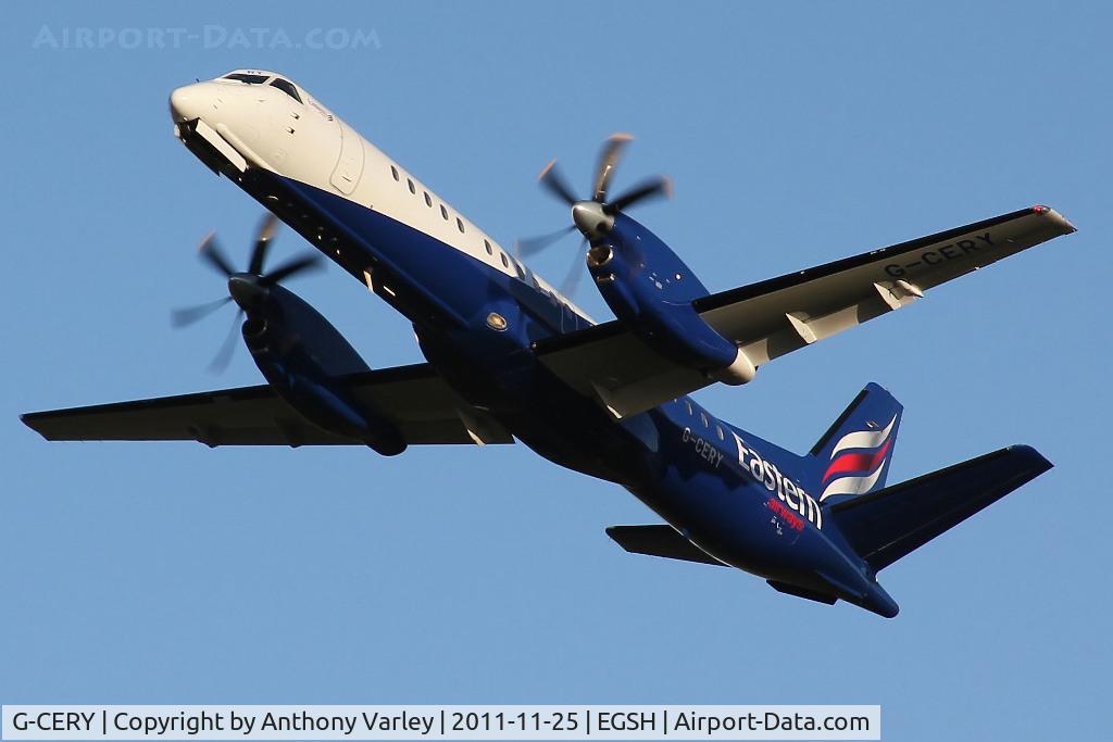 G-CERY, 1994 Saab 2000 C/N 2000-008, Departing in the afternoon sun.