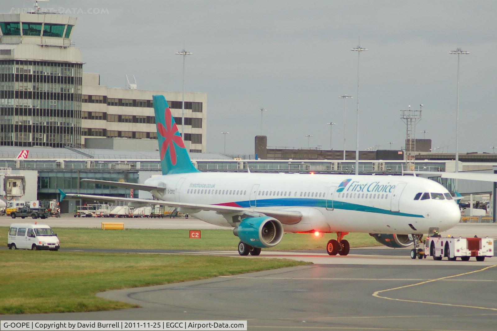 G-OOPE, 1998 Airbus A321-211 C/N 852, First Choice Airbus A321-211 under tow Manchester Airport.