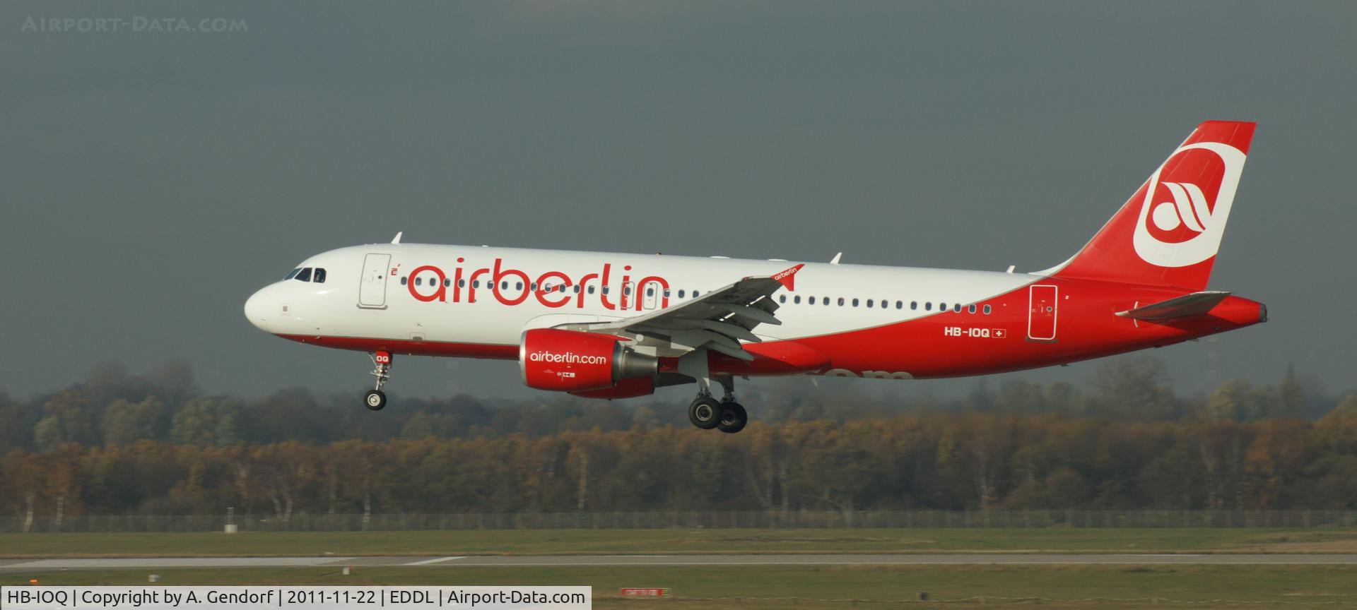 HB-IOQ, 2008 Airbus A320-214 C/N 3422, Belair (Air Berlin cs.), on finals for Runway 23L at Düsseldorf Int´l (EDDL)