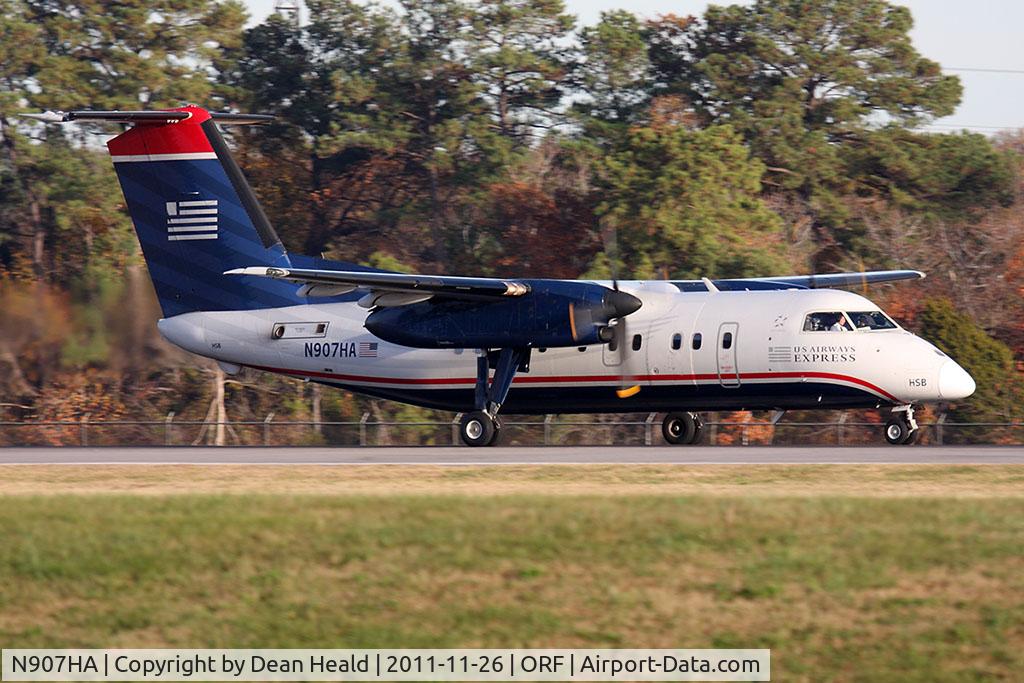 N907HA, 1985 De Havilland Canada DHC-8-102 Dash 8 C/N 011, US Airways Express (Piedmont Airlines) N907HA (FLT PDT4367) on takeoff roll on RWY 23 en route to Philadelphia Int'l (KPHL).