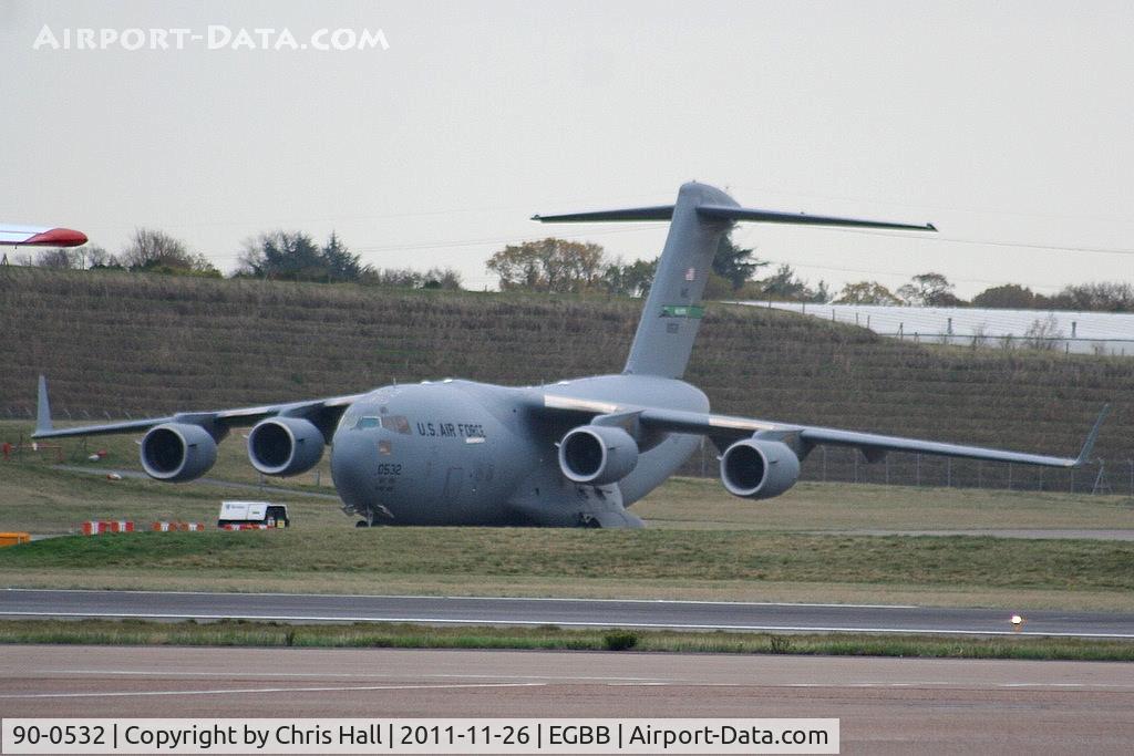 90-0532, 1990 McDonnell Douglas C-17A Globemaster III C/N P-7, United States Air Force C-17 diverted into Birmingham because RAF Mildenhall was closed for the Thanksgiving
Holiday.