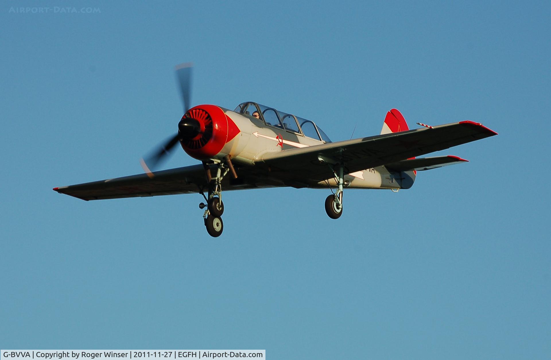G-BVVA, 1987 Bacau Yak-52 C/N 877610, Finals Runway 28. Re-registered G-YAKE on 4th May 2012.