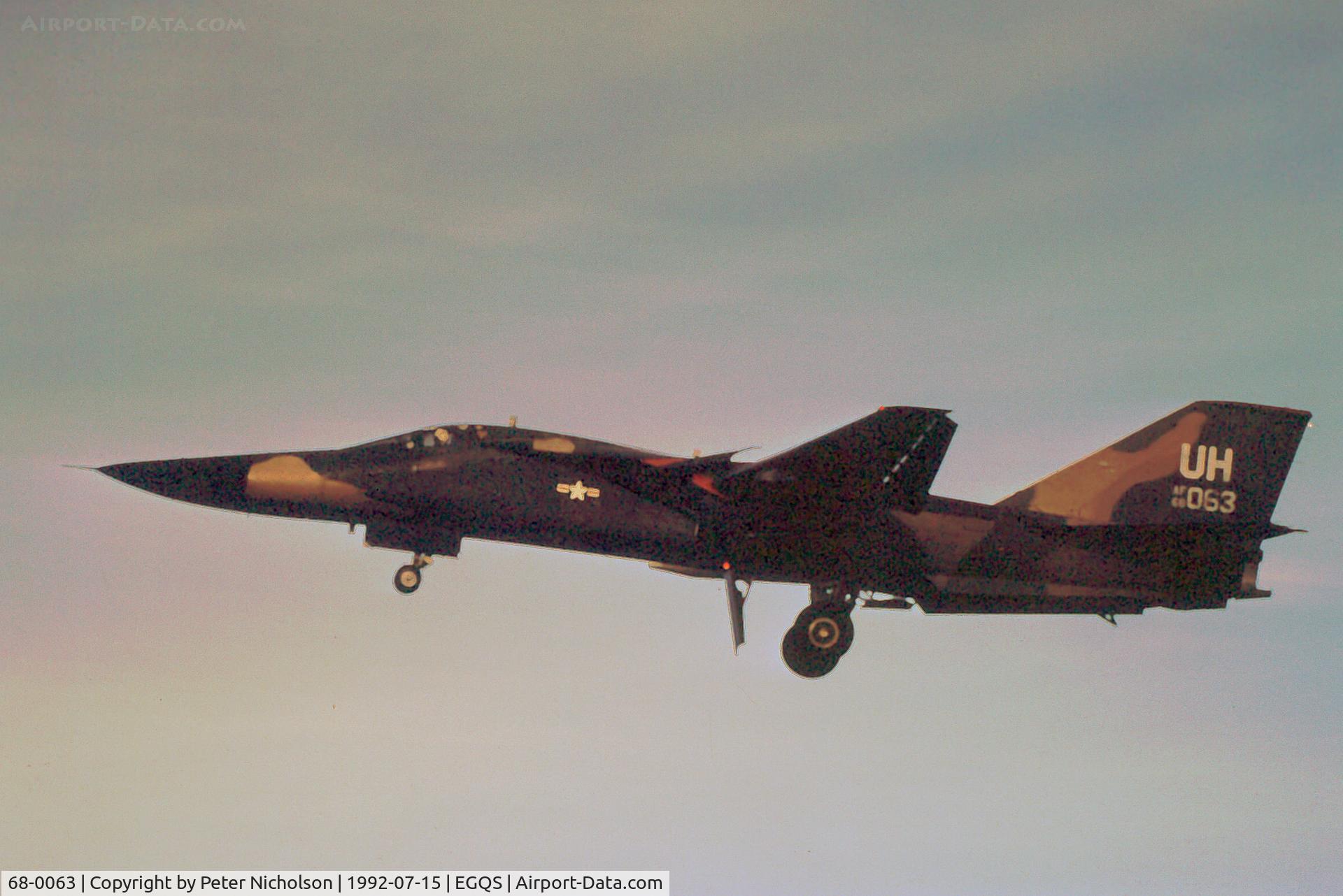 68-0063, 1968 General Dynamics F-111E Aardvark C/N A1-232, F-111E of the 77th Fighter Squadron/20th Fighter Wing based at RAF Upper Heyford on final approach to RAF Lossiemouth in the Summer of 1992.