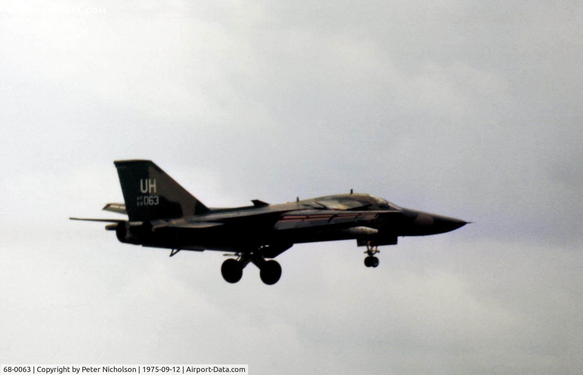 68-0063, 1968 General Dynamics F-111E Aardvark C/N A1-232, F-111E of 77th Tactical Fighter Squadron/20th Tactical Fighter Wing returning to RAF Upper Heyford in September 1975.