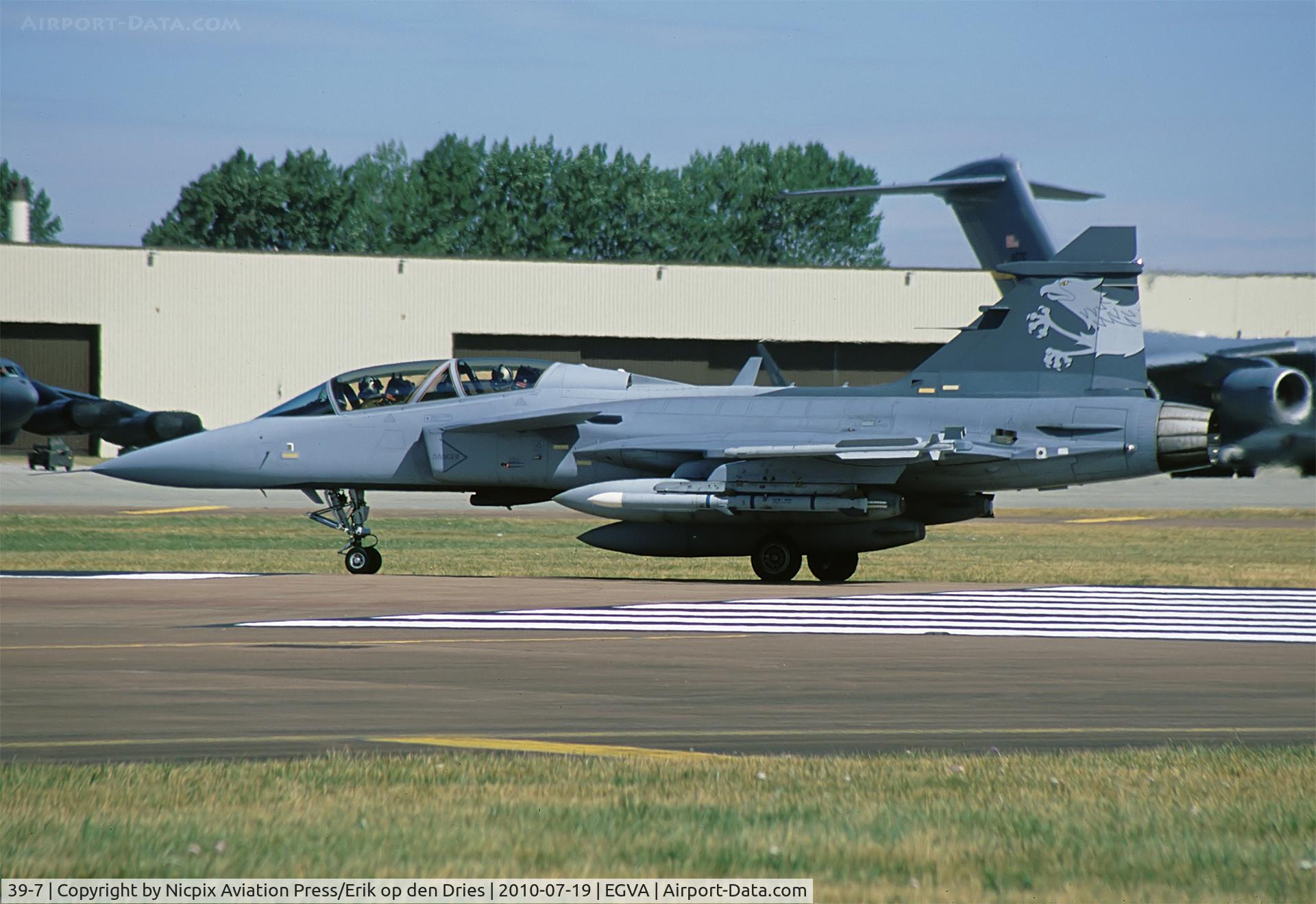39-7, Saab JAS-39 Gripen NG Demo C/N 397, Saab Gripen NG 39-7 has an attractive tail painting applied and is seen here on the runway of RAF Fairford during the depatures of the RIAT-2010.