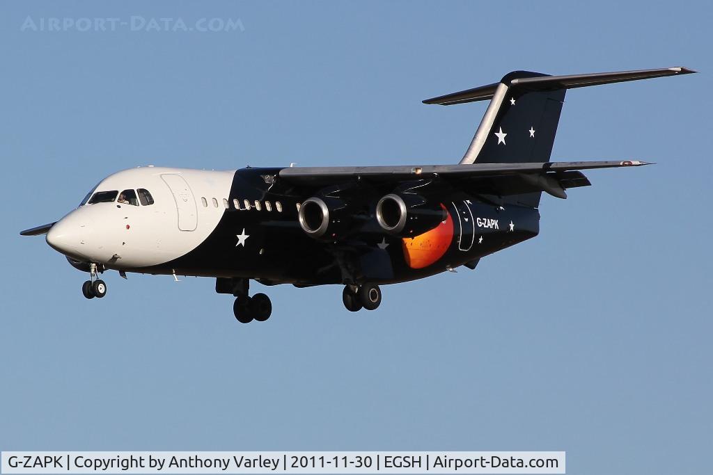 G-ZAPK, 1989 British Aerospace BAe.146-200QC Quick Change C/N E2148, Arriving at EGSH for engineering.
