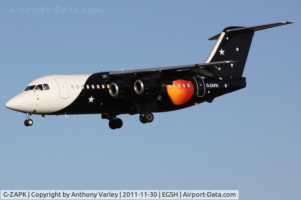G-ZAPK, 1989 British Aerospace BAe.146-200QC Quick Change C/N E2148, Arriving at EGSH for engineering.