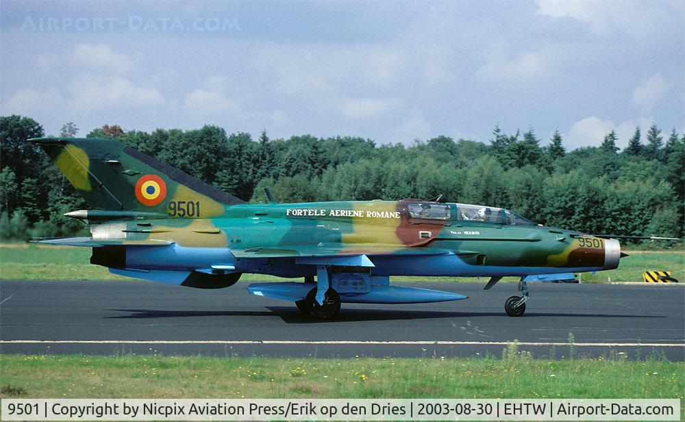 9501, Mikoyan-Gurevich MiG-21UM C/N 516941016, Seen here on the runway of Twenthe AB, The Netherlands, is Romania AF MiG-21UM Lancer B during a short visit to the Netherlands.
