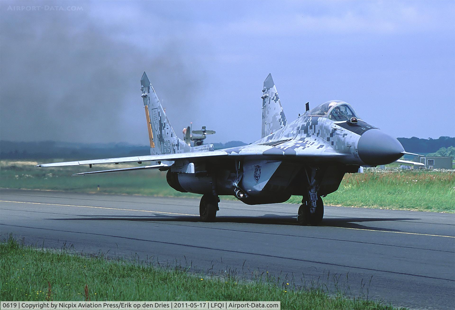 0619, Mikoyan-Gurevich MiG-29AS C/N 2960535406/4713, Slowak ia AF MiG-29AS Fulkcrum showing its' digital camouflage scheme, taxies out during the NTM-2011./