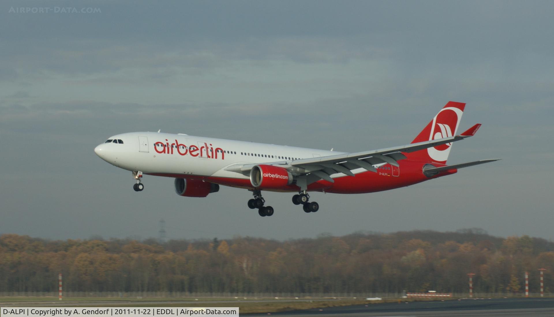 D-ALPI, 2007 Airbus A330-223 C/N 828, Air Berlin, on short finals for Runway 23L at Düsseldorf Int´l (EDDL)