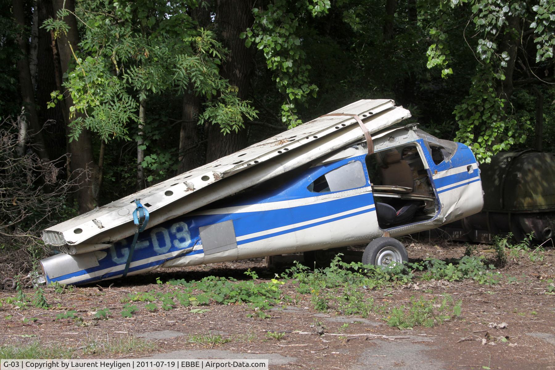 G-03, Cessna 182R Skylane C/N 18267850, Wreckage stored at Beauvechain airbase, sometimes used in emergency exercises.