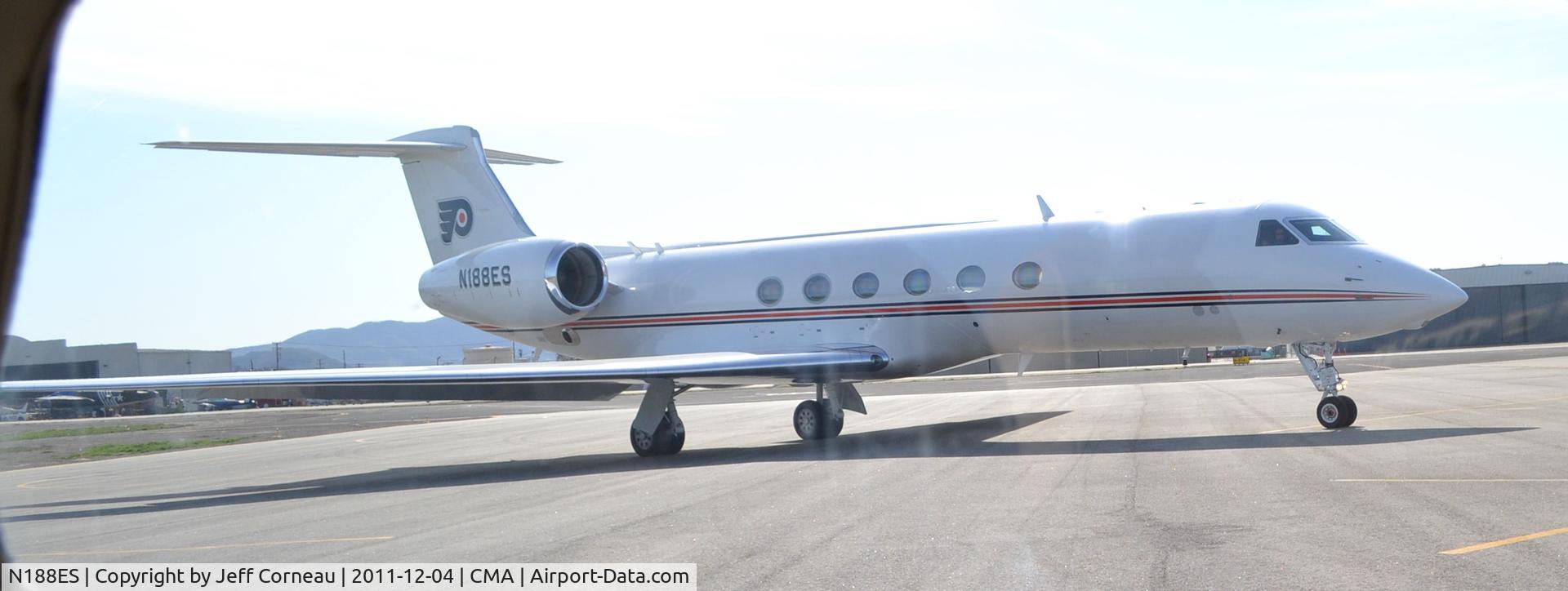 N188ES, 2001 Gulfstream Aerospace G-V C/N 629, My brother-in-law offered me a ride in a Cessna 172.  Looking out the port window we spot a beauty G5.  Being a serious hockey fan, I spotted the tail. Philadelphia Flyers. Whatever.  GO KINGS!!!!