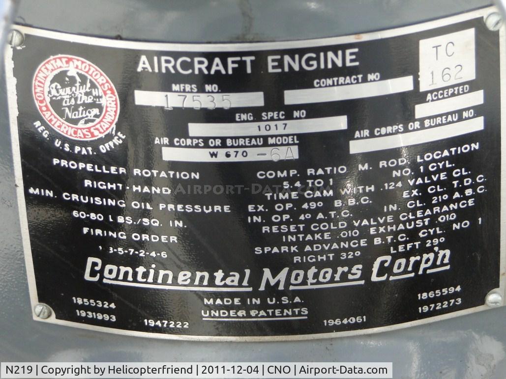 N219, 1939 Waco UPF-7 C/N 5302, Engine tag