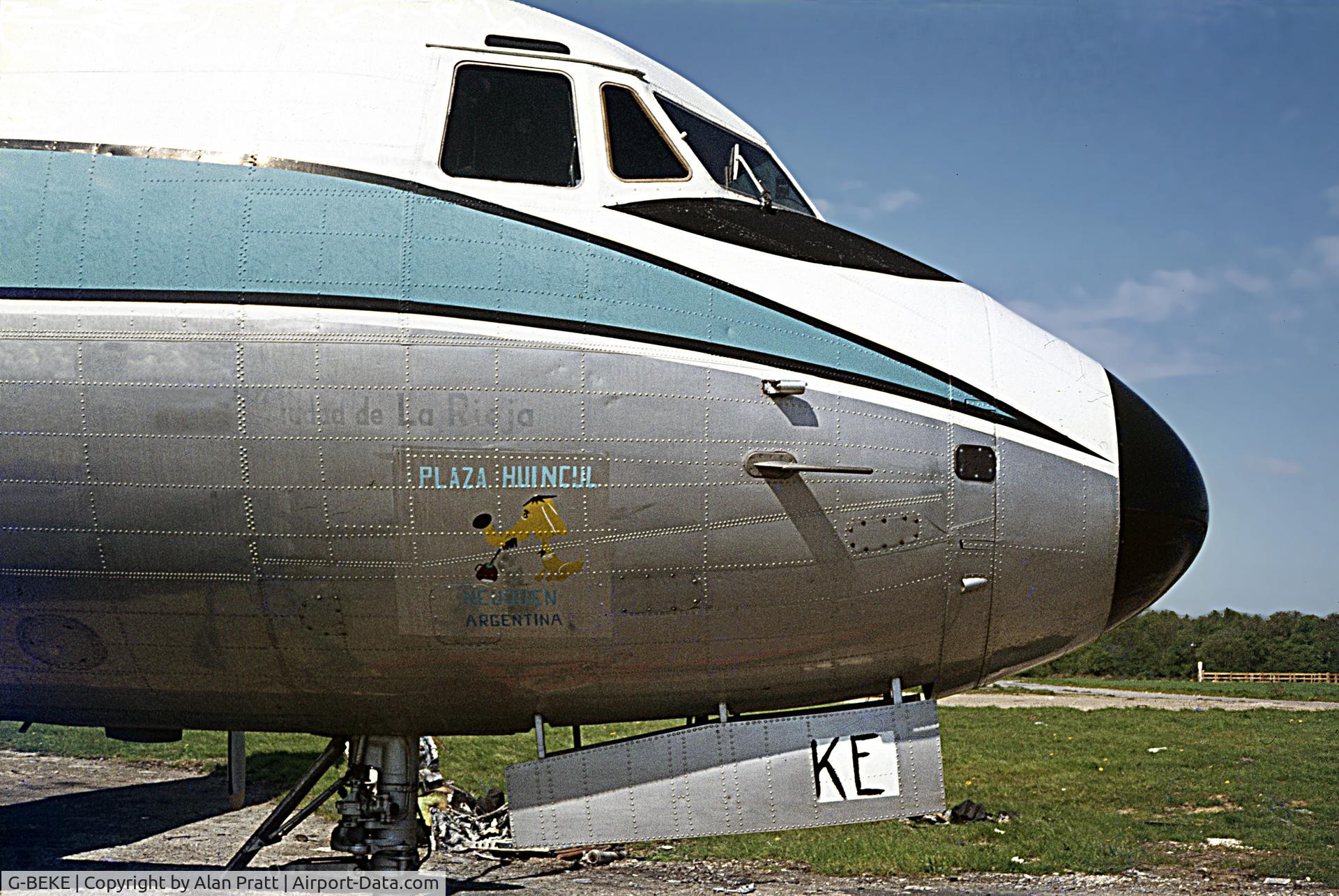 G-BEKE, 1961 Hawker Siddeley HS.748 Series 1 C/N 1545, Aircraft at Lasham Aerodrome near Alton, Hampshire sometime in the 1970s noseart starboard side