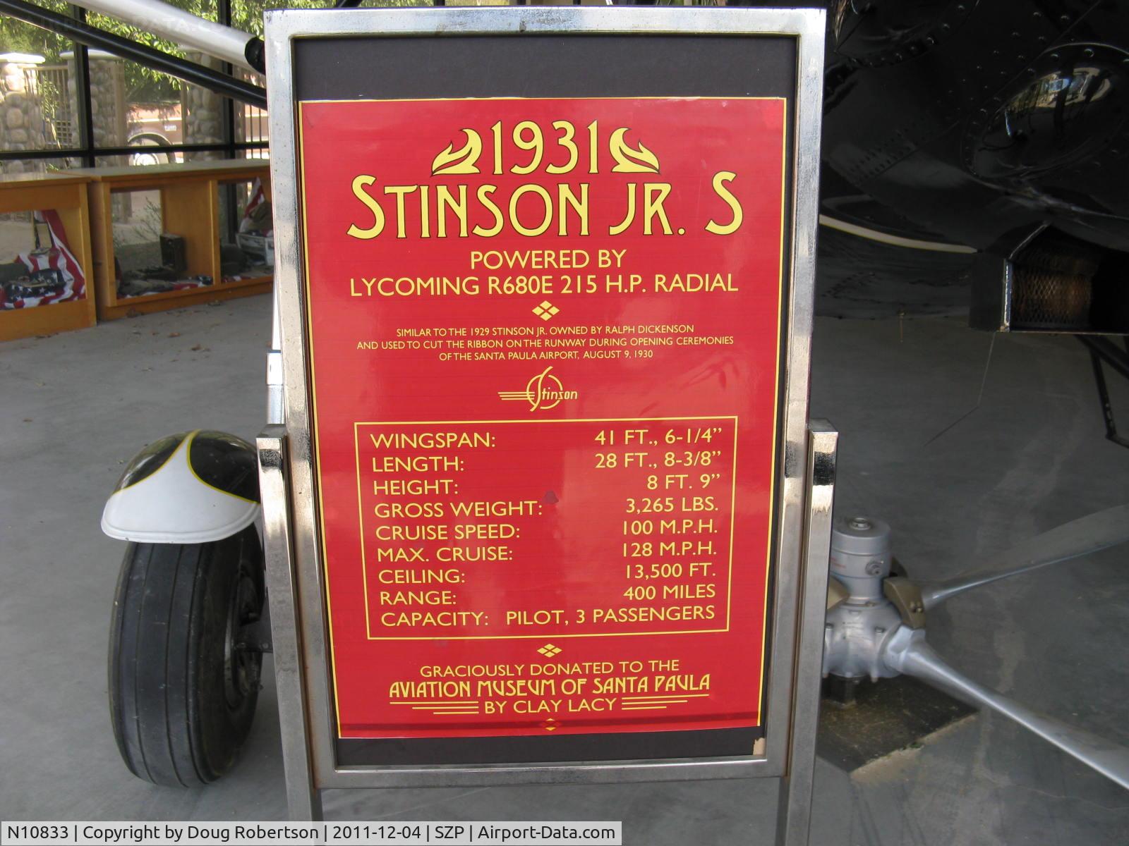 N10833, 1931 Stinson JR. S C/N 8027, 1931 Stinson JUNIOR S, Lycoming R680E 215 Hp radial, data card at Aviation Museum of Santa Paula
