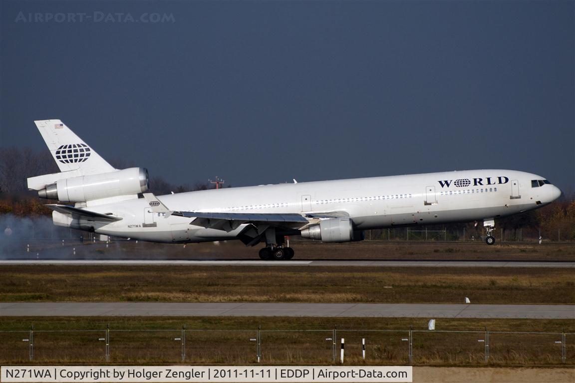 N271WA, 1992 McDonnell Douglas MD-11 C/N 48518, Touch down on rwy 08L for a stop on sunny LEJ.