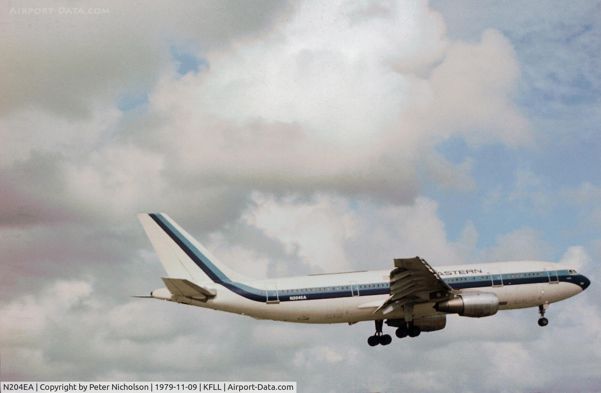 N204EA, Airbus A300B4-2C C/N 044, Airbus A300B4 of Eastern Airlines on final approach to Fort Lauderdale in November 1979.
