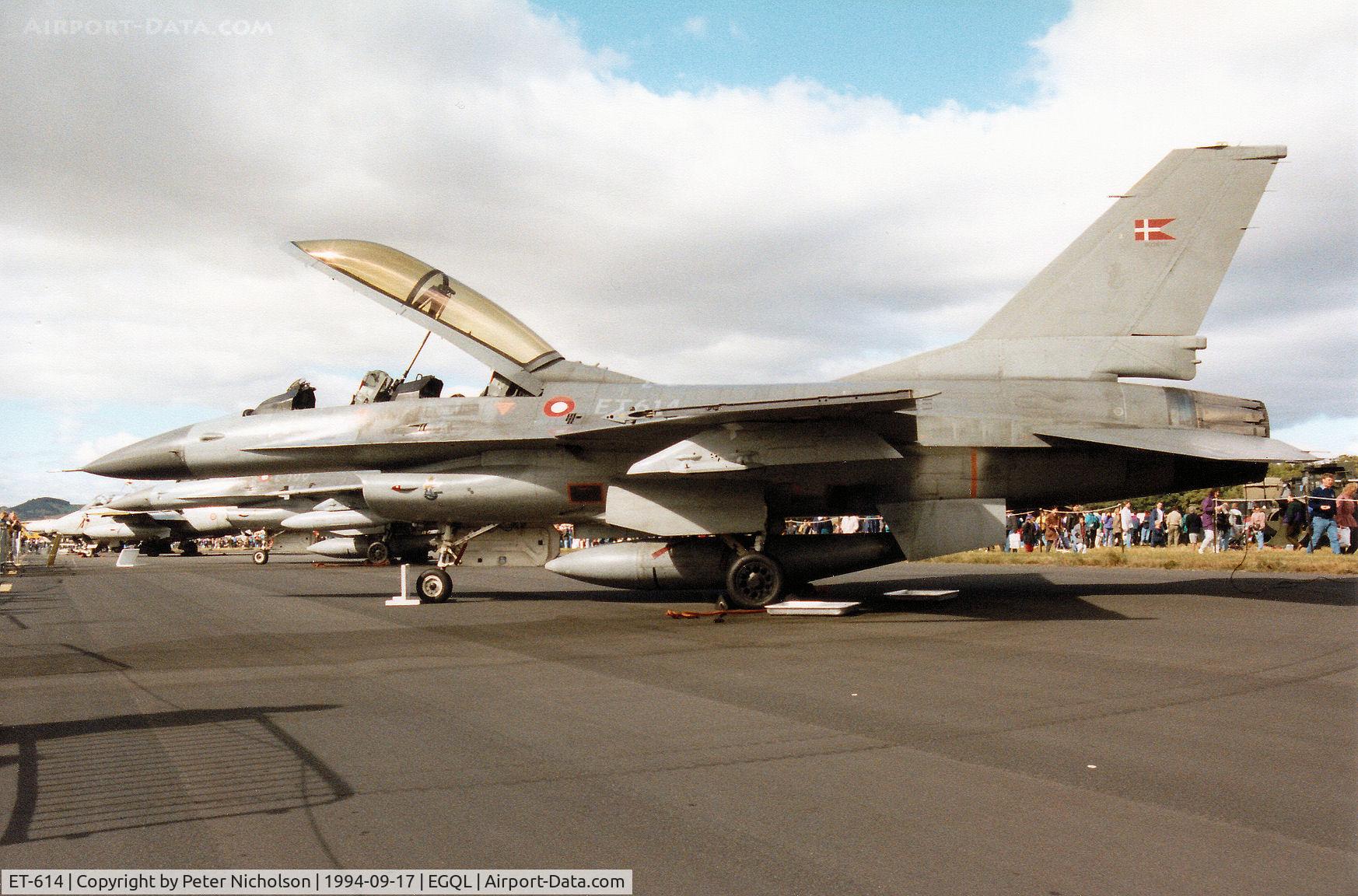 ET-614, 1980 SABCA F-16B Fighting Falcon C/N 6G-11, F-16B Fighting Falcon of Eskradille 730 Royal Danish Air Force on display at the 1994 RAF Leuchars Airshow.