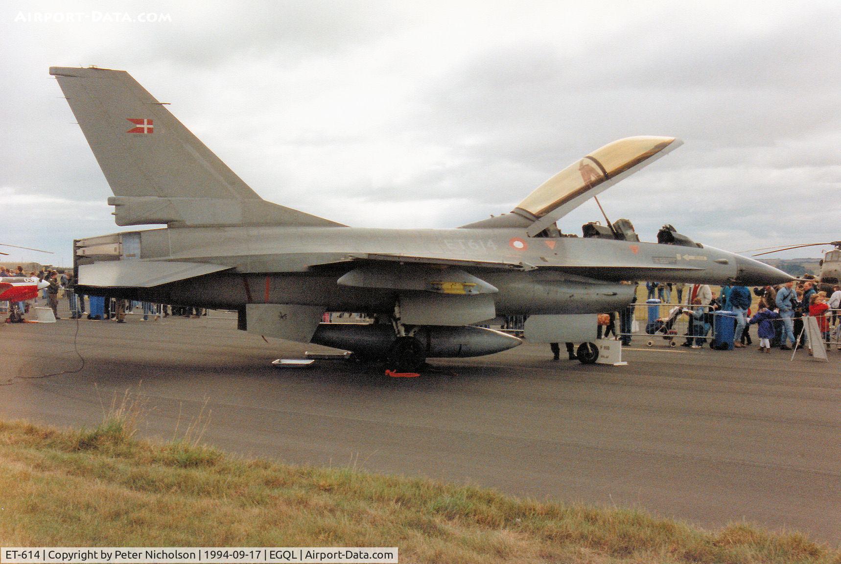 ET-614, 1980 SABCA F-16B Fighting Falcon C/N 6G-11, Another view of the Royal Danish Air Force's Eskradille 730 F-16B on display at the 1994 RAF Leuchars Airshow.