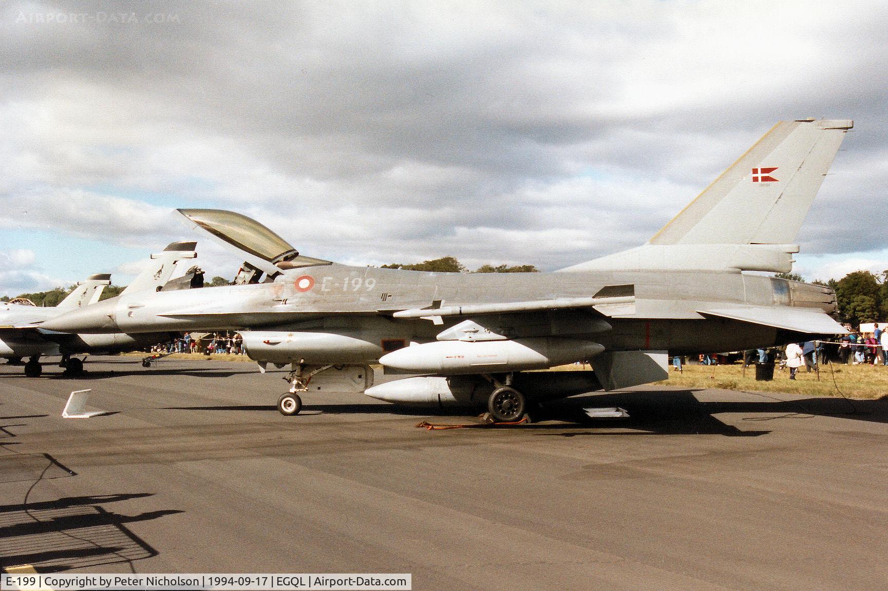 E-199, SABCA F-16AM Fighting Falcon C/N 6F-26, F-16AM Falcon of Eskradille 727 of the Royal Danish Air Force at Skrydstrup on display at the 1994 RAF Leuchars Airshow.